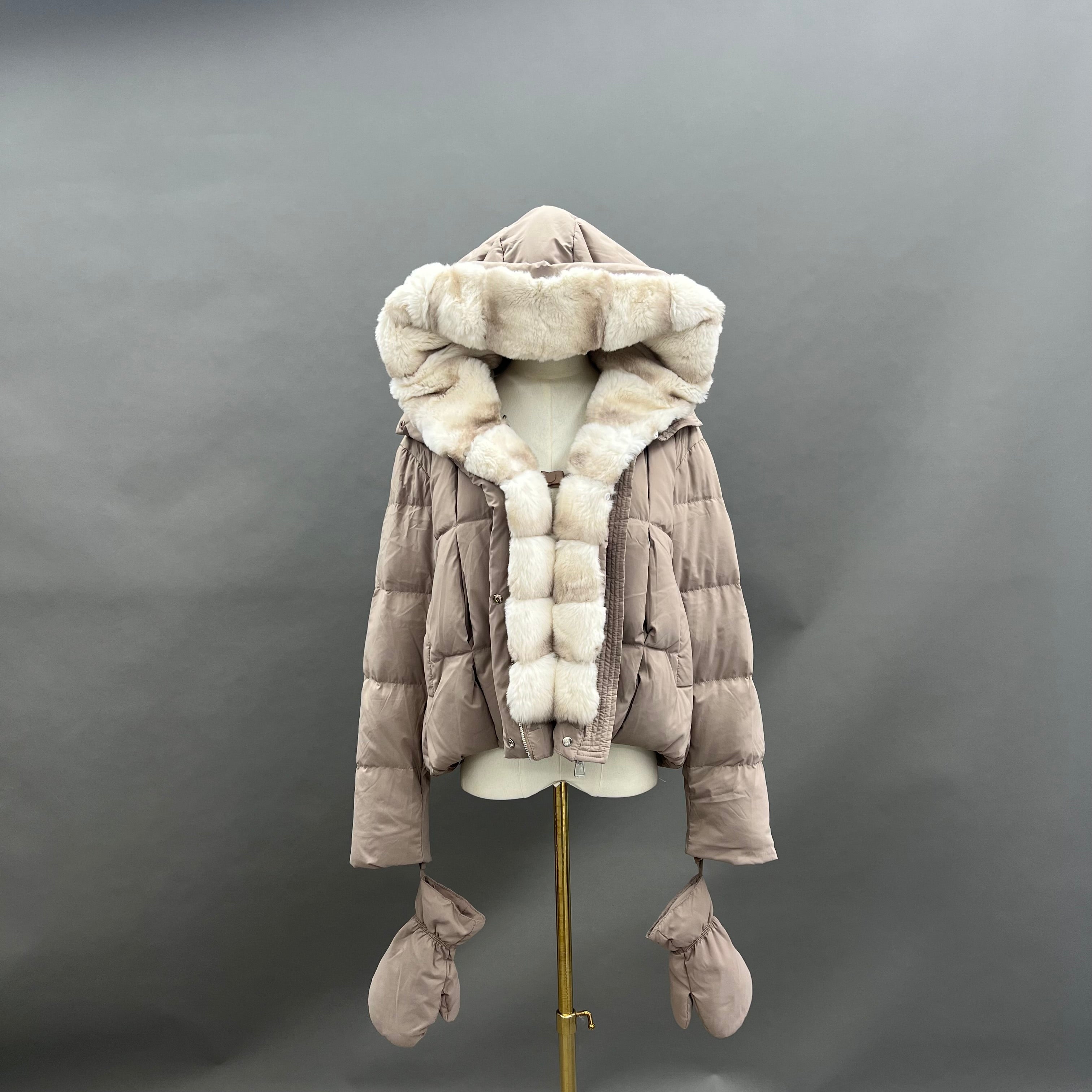 Women’s Beige Down Jacket with Real Rabbit Fur Hood – Detachable Mittens Winter Coat for Warm & Stylish Fashion 3#Milk Tea
