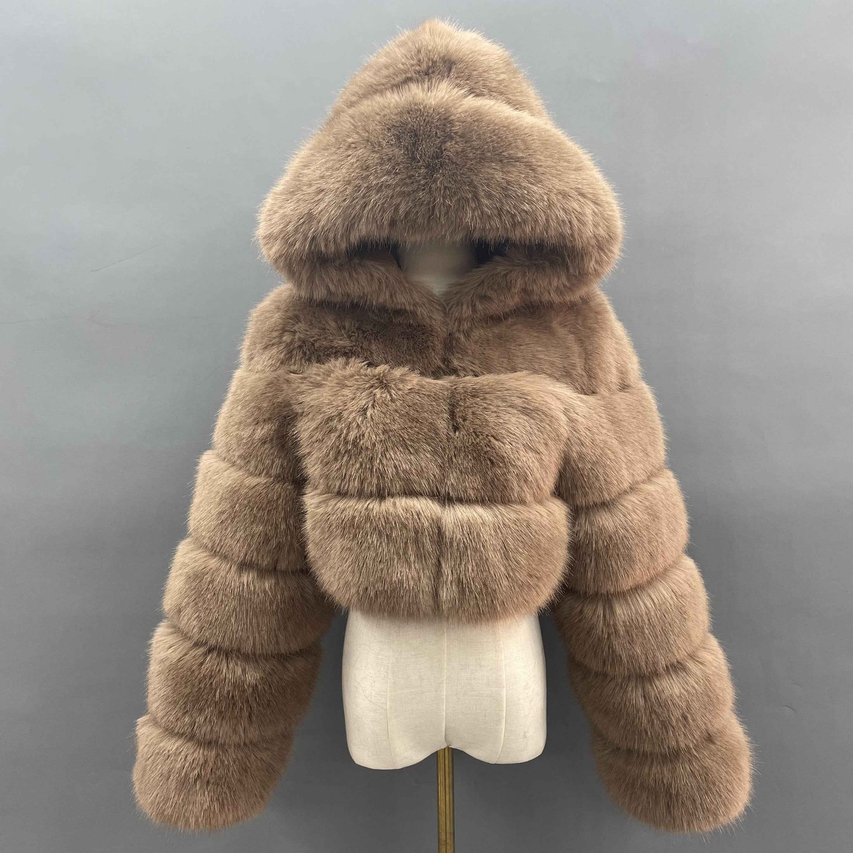Three - Panel Faux Fur Cropped Hooded Coat