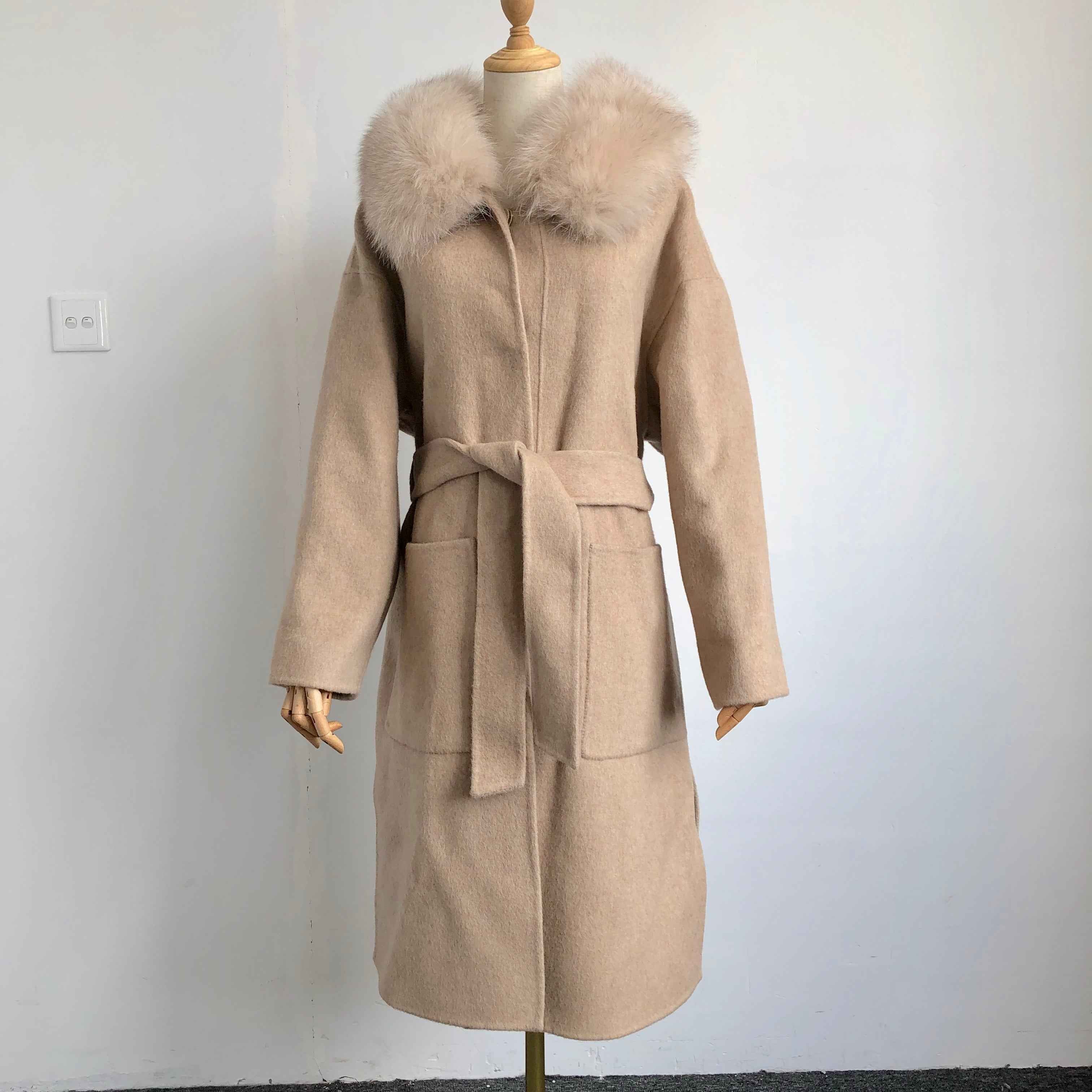 Modern Hooded Double-Faced Wool Coat with Cozy Fox Fur Details
