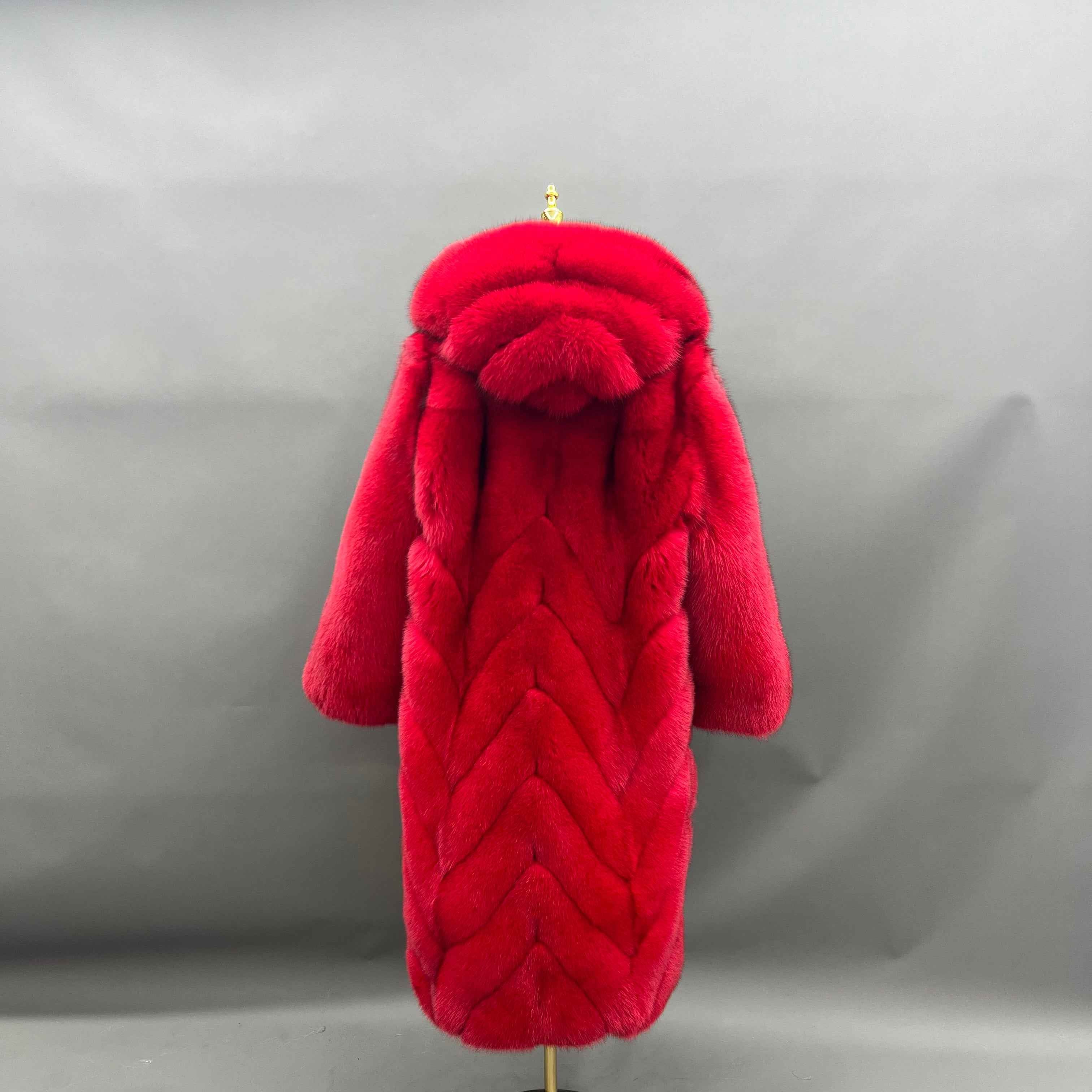 Luxury Red Fox Fur Coat with Hood – Long Chevron Stitched Women’s Winter Fur Jacket