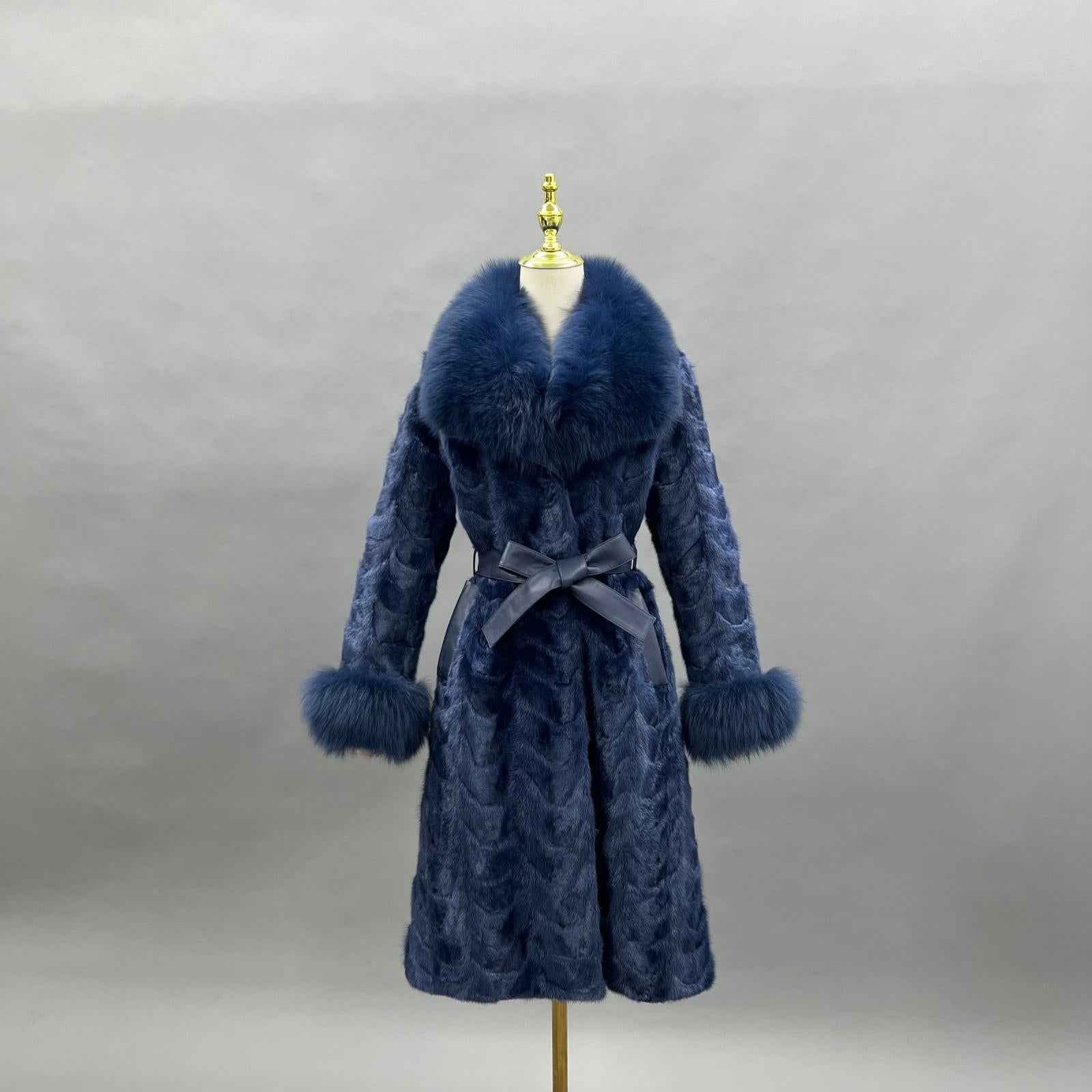 Fox Fur Collar Women's Mink-trimmed Belted Fashionable Coat Fur Jacket - Janefur
