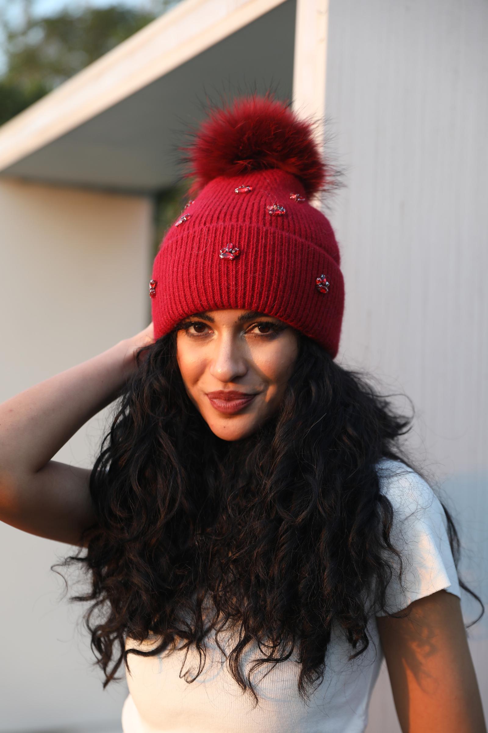 Ladies' Rabbit Fur Hat with Small Rhinestone Pompoms for Casual Wear - Janefur