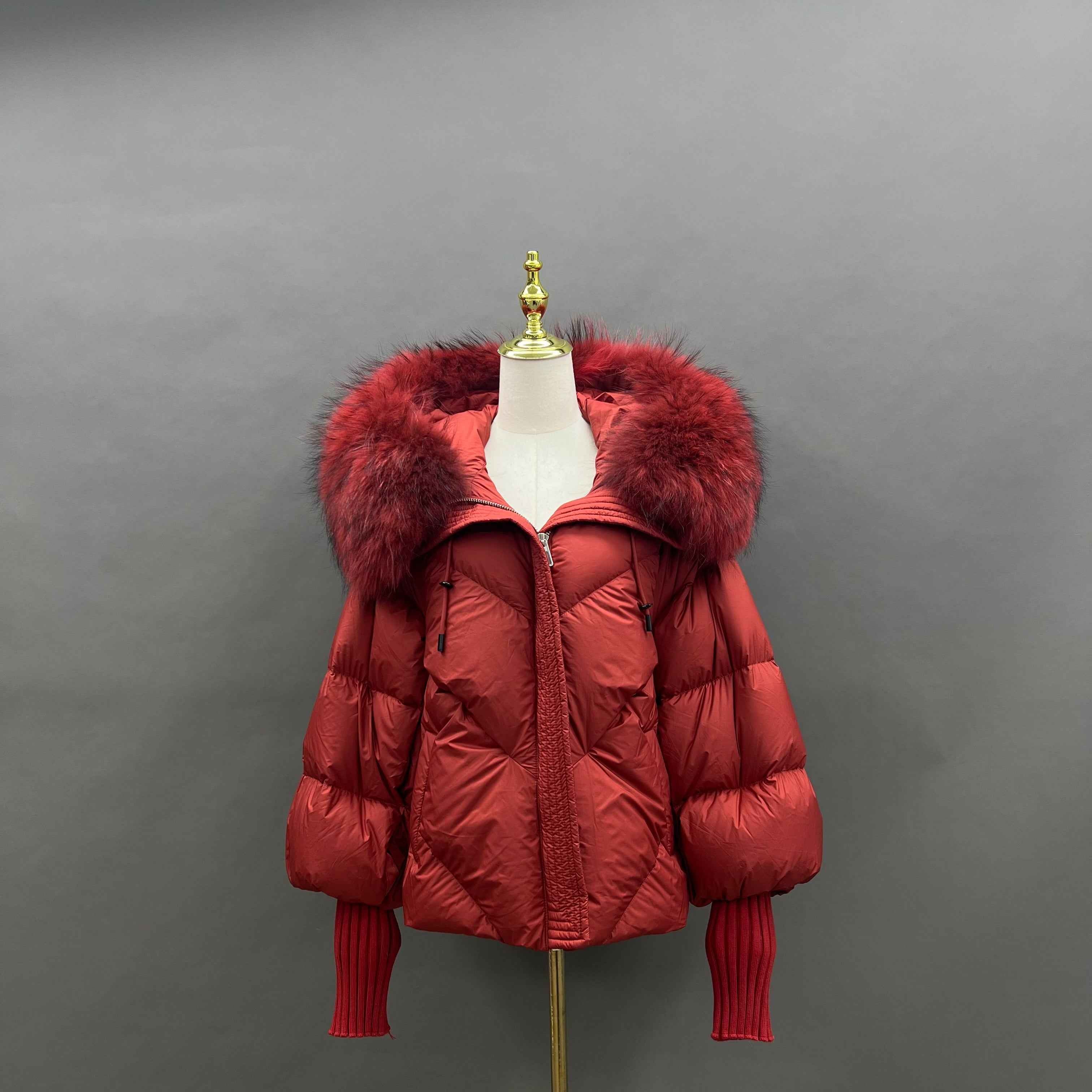 Women's Puffer Down Jacket with Raccoon Fur Trimmed Hood and Elastic - Extended Sleeves
