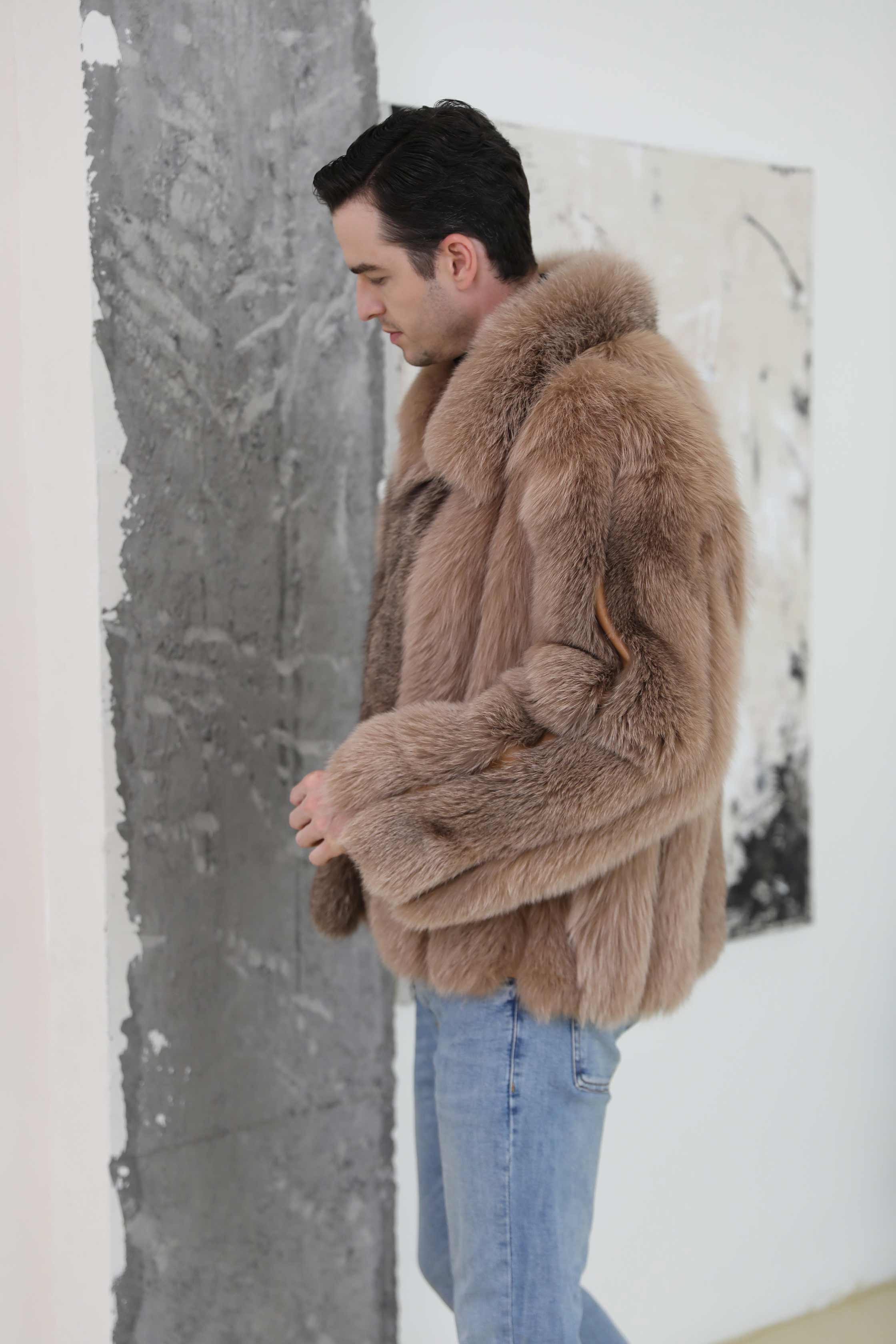 Men's Warm Fox Fur Coat Vertical Stripe High-quality Coat - Janefur