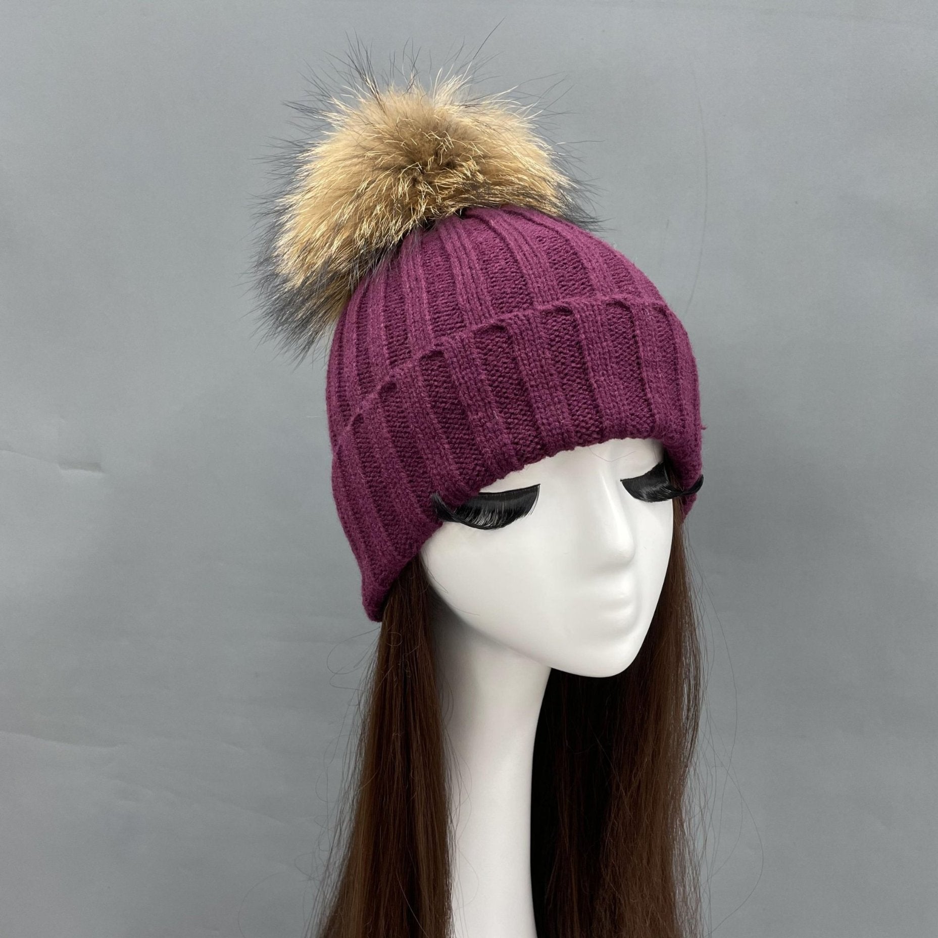 New Fall And Winter Striped With Fur Pom Pom Acrylic Hat - Janefur