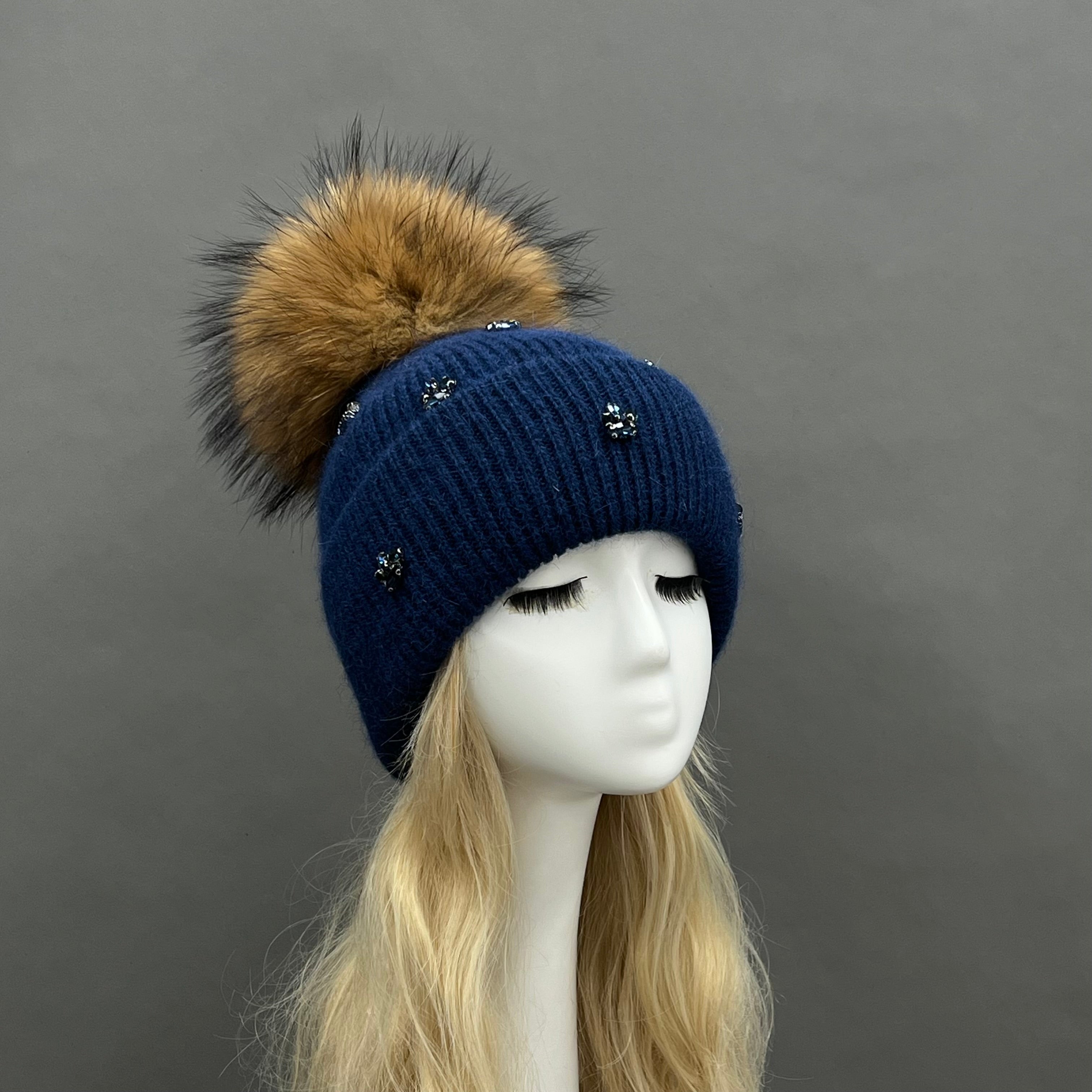 Ladies' Rabbit Fur Hat with Small Rhinestone Pompoms for Casual Wear - Janefur
