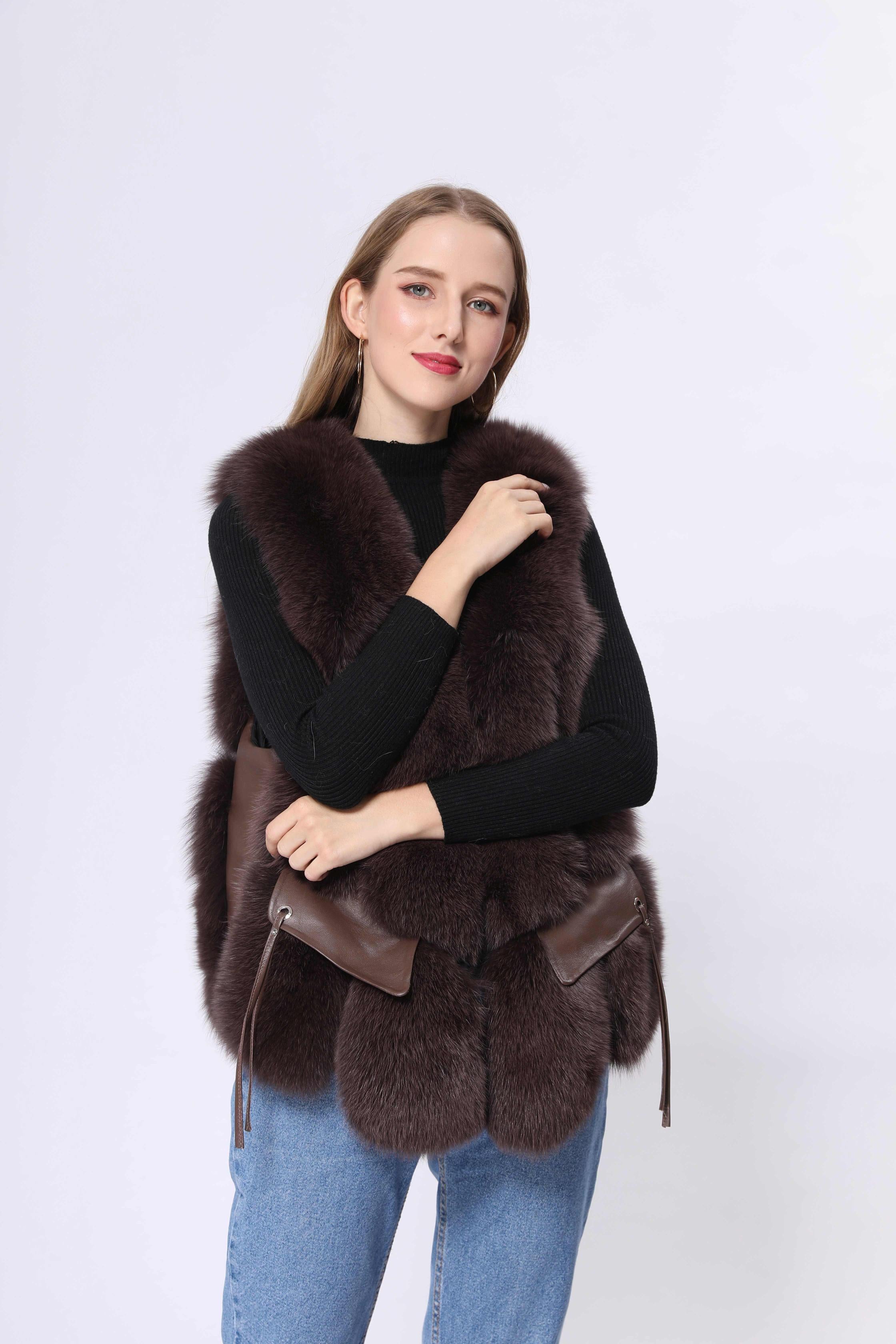 Fashion Women's Short Style Big Pocket Fox Fur Vest - Janefur