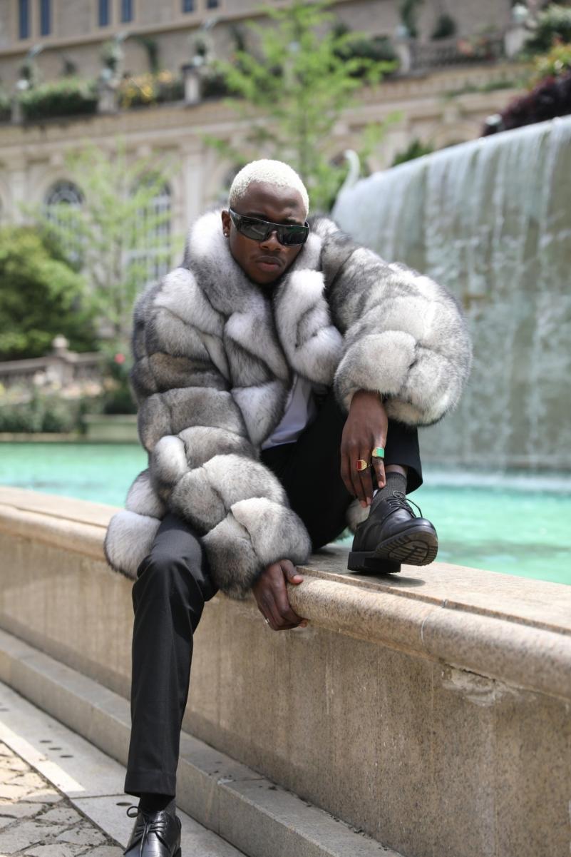 Black And White Fox Fur Coat For Men With Suit Collar - Janefur