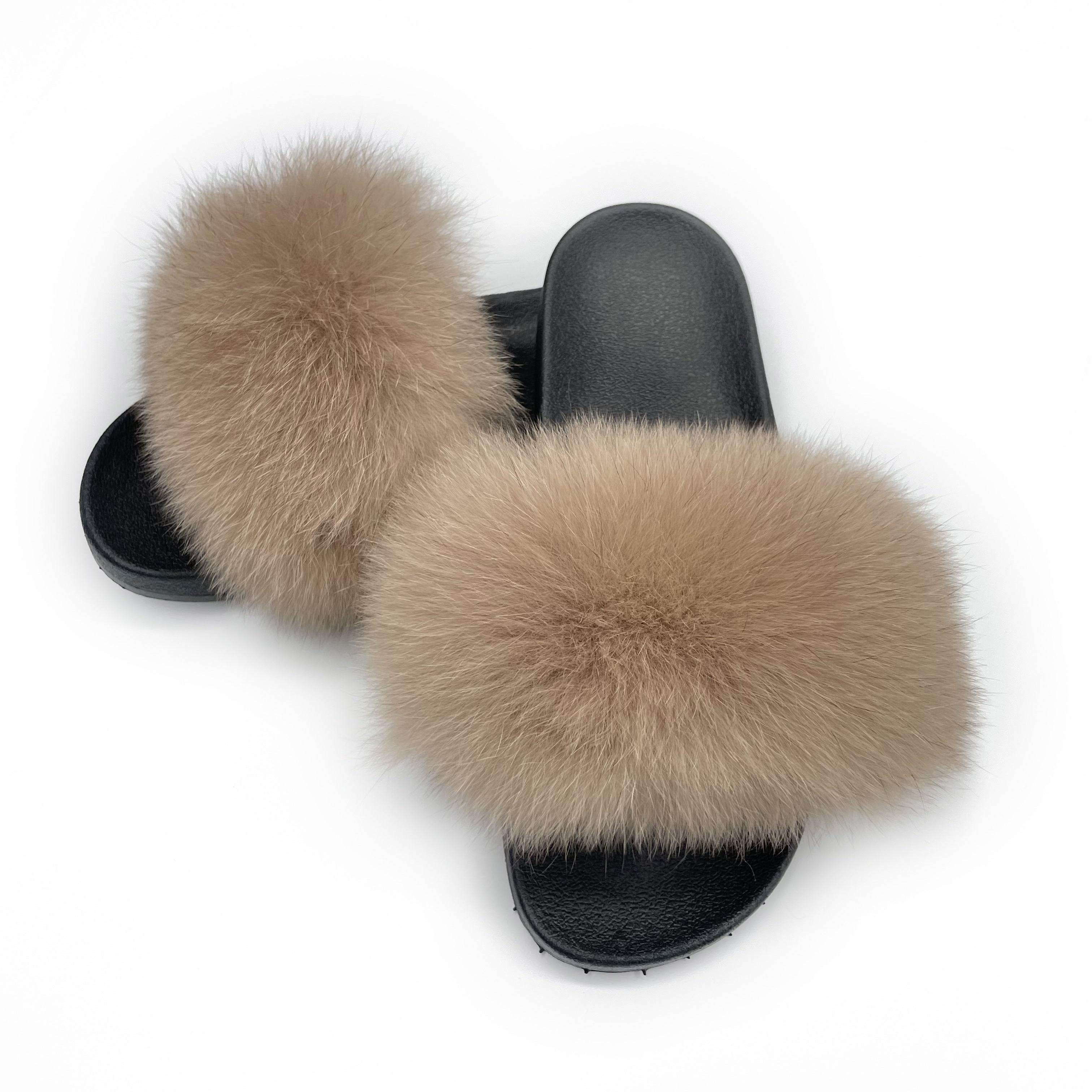 Janefur Wholesale Women's Fashion Slippers With Real Fox Fur Trim (Black, Gold, Silver Soles)