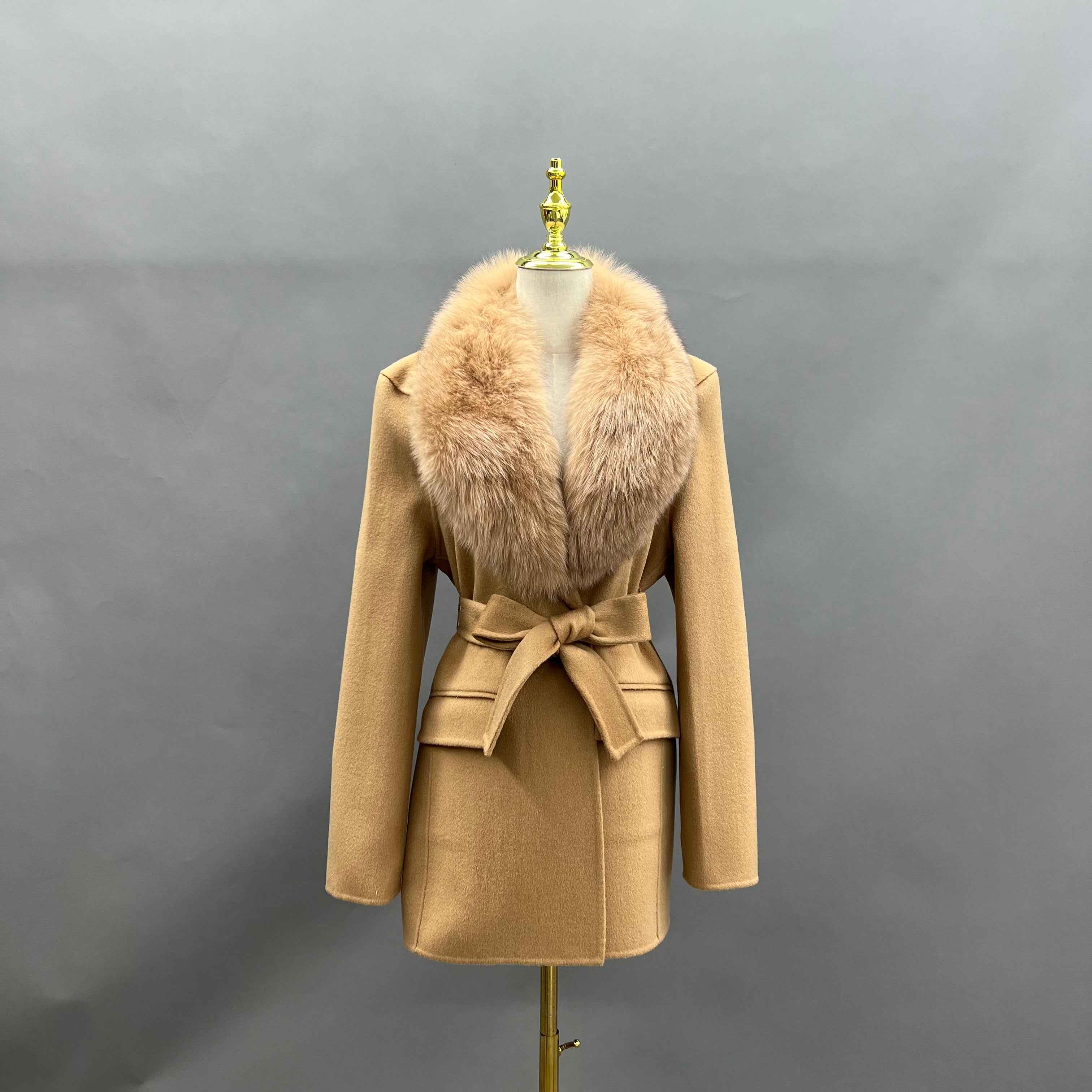 Cashmere Double Faced Coat with Fox Fur Collar, Tie Belt and Shoulder Pads