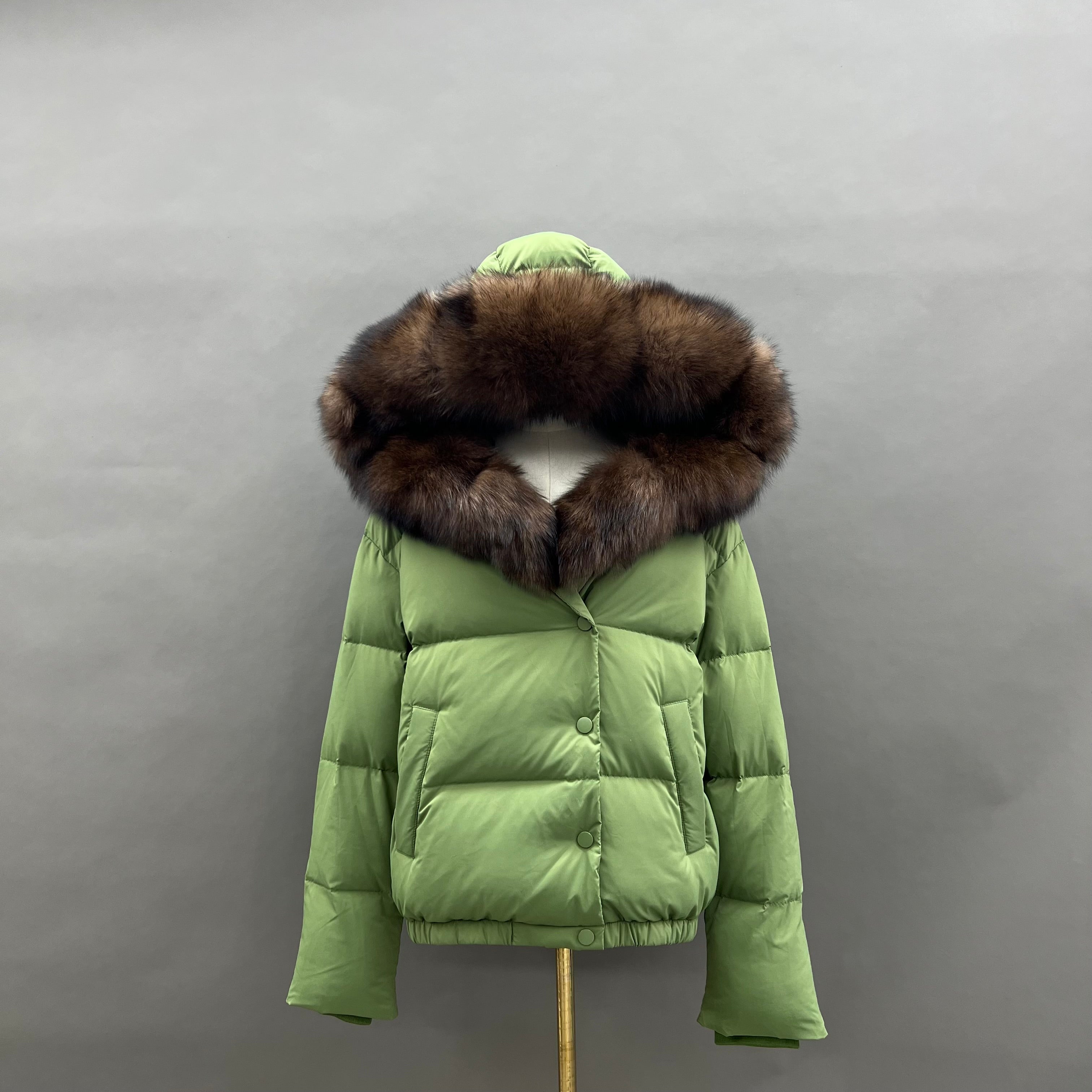 Women’s Brown Down Jacket with Real Fox Fur Hood – Short Puffer Winter Coat for Elegant Fashion 7#Green