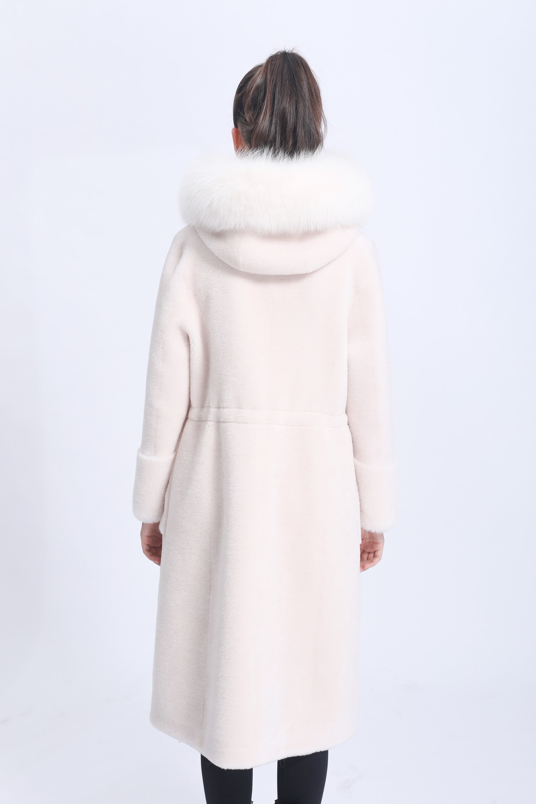Women's Shearling Long Coat with Hood, Pearl Buttons & Fox Fur Trim - Luxurious Winter Outerwear