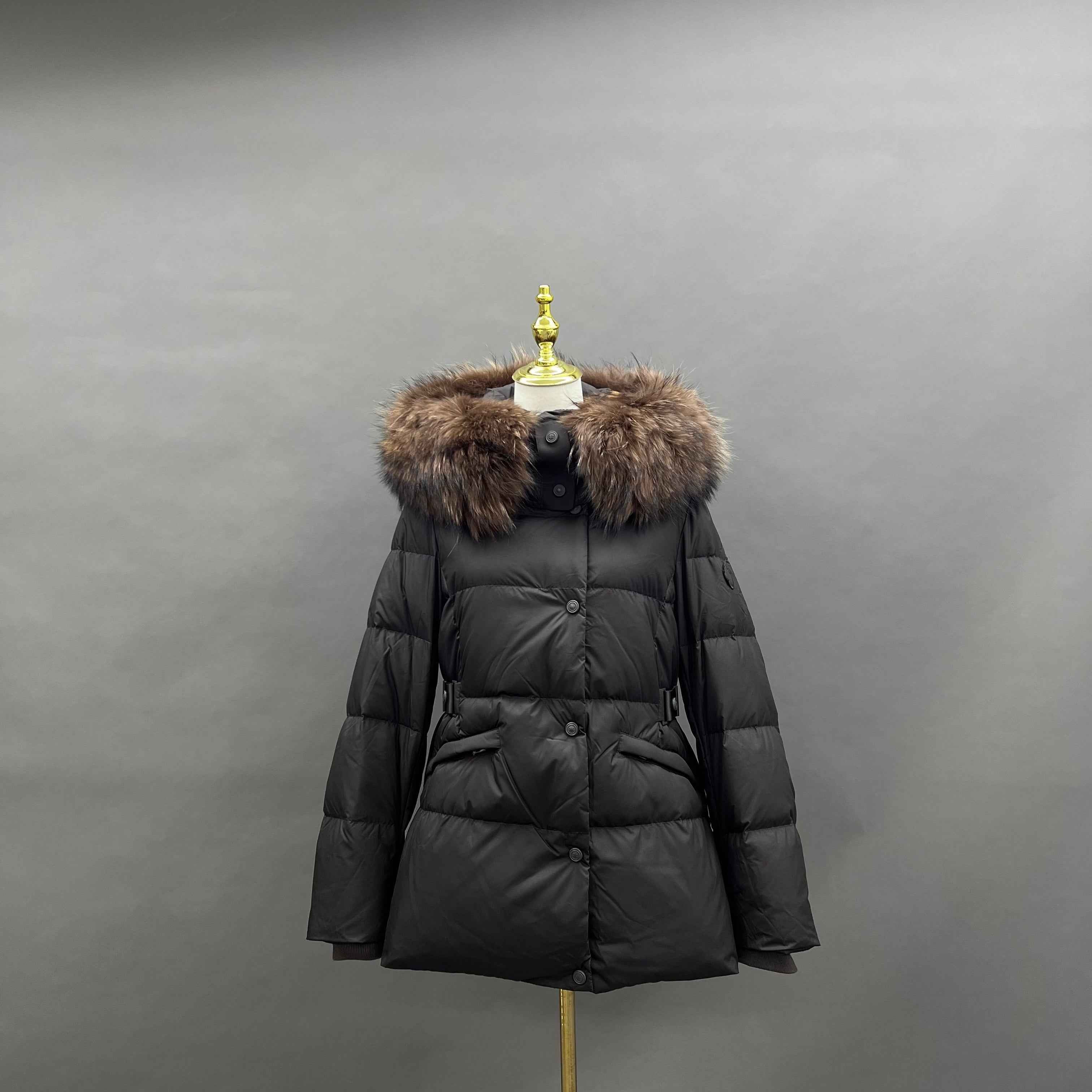 Women's Short Down Jacket with Raccoon Fur - Trimmed Hood