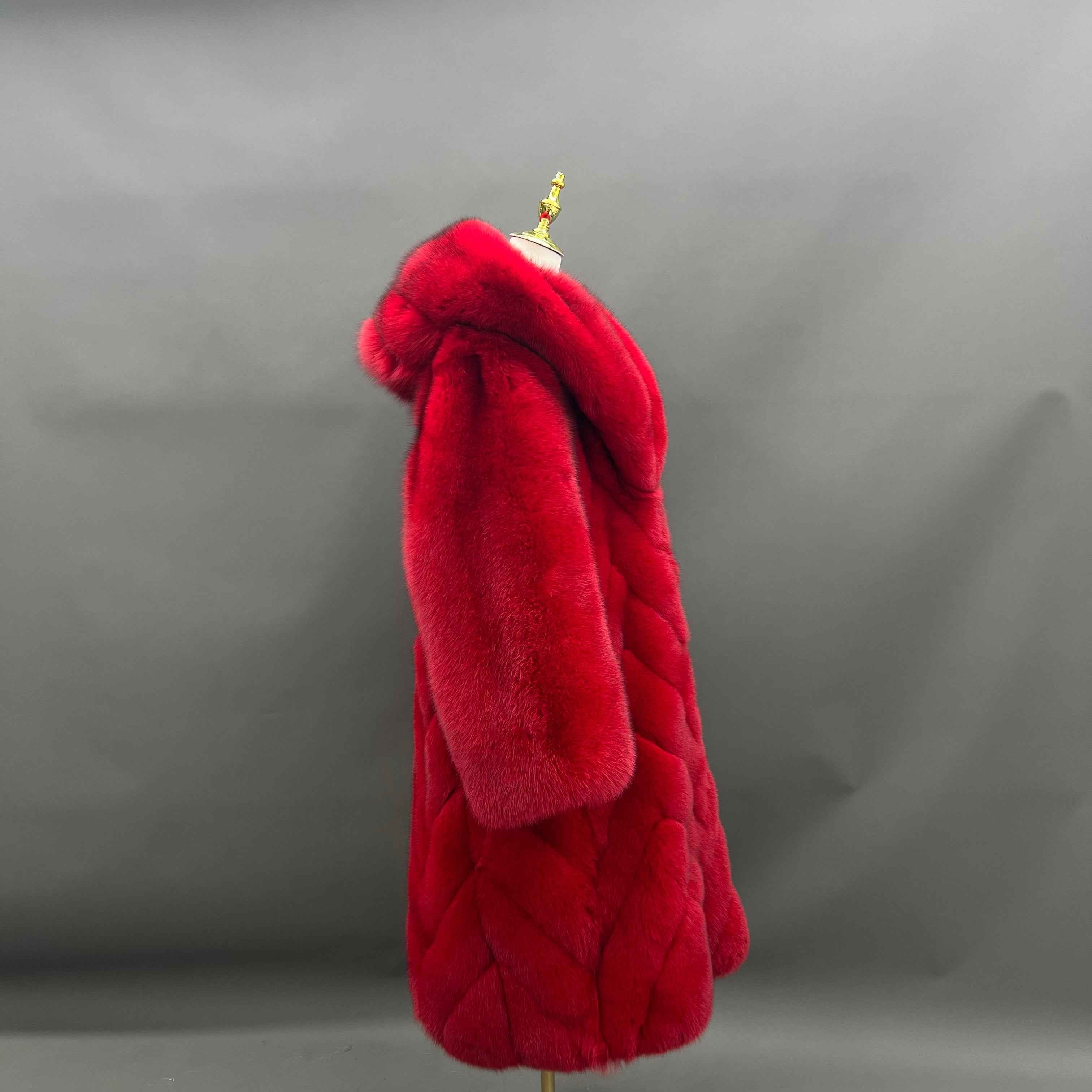 Luxury Red Fox Fur Coat with Hood – Long Chevron Stitched Women’s Winter Fur Jacket