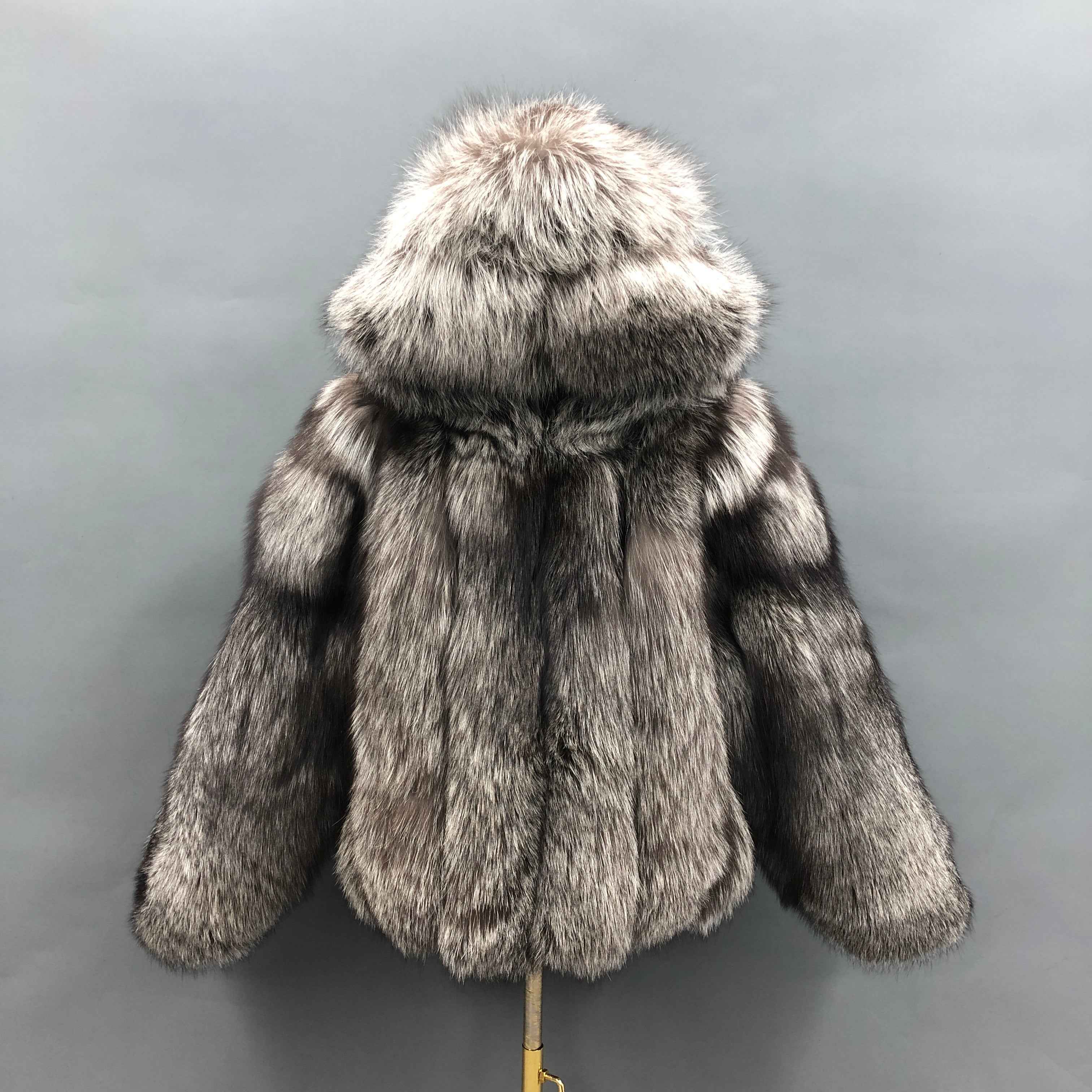 Luxury Fluffy Red Fox Fur Hooded Coat with Vertical Stripes - Short Winter Jacket Sliver Contact us to customized