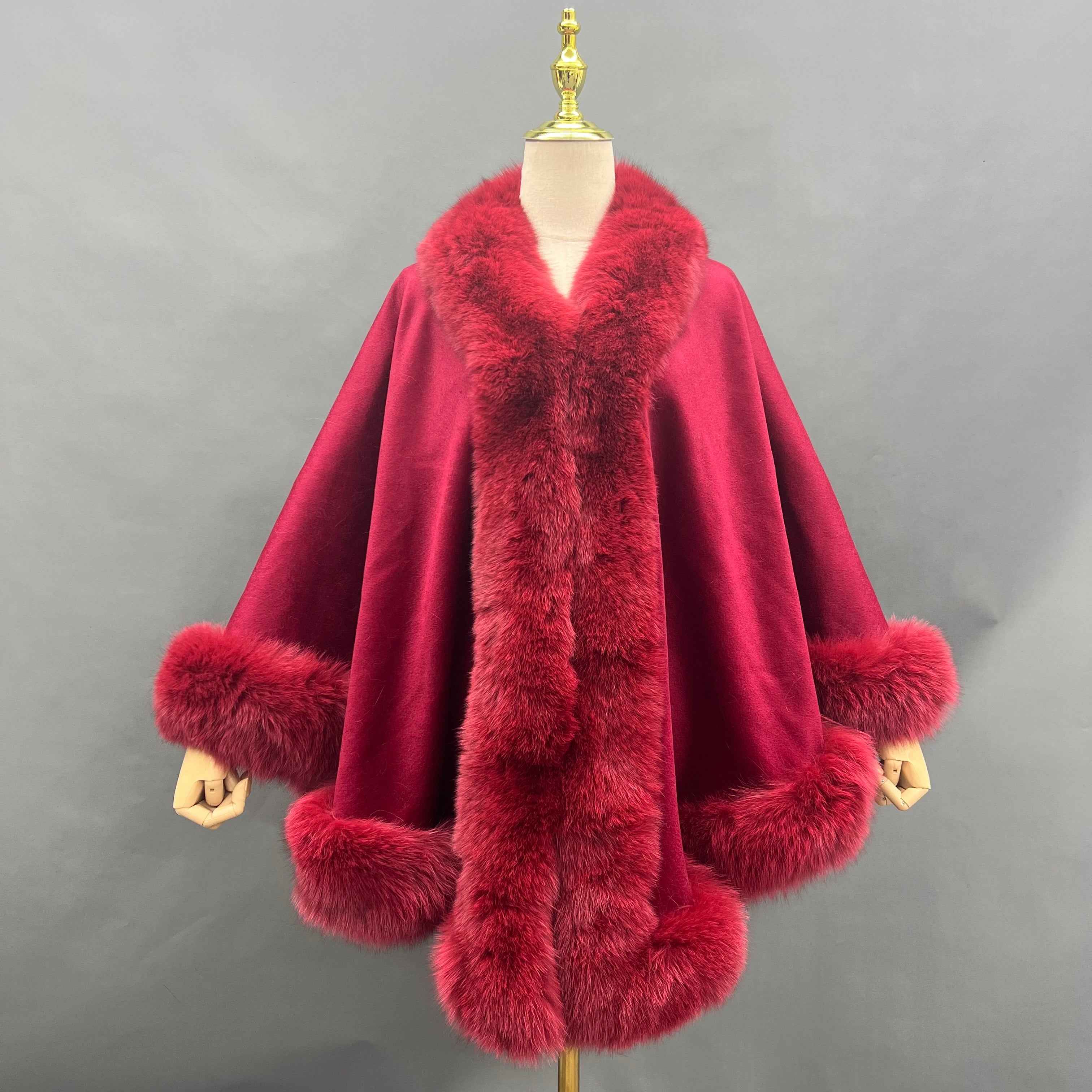Women's Luxurious Cashmere Cape with Fox Fur Trim - Winter Fashion Outerwear 9#Red F