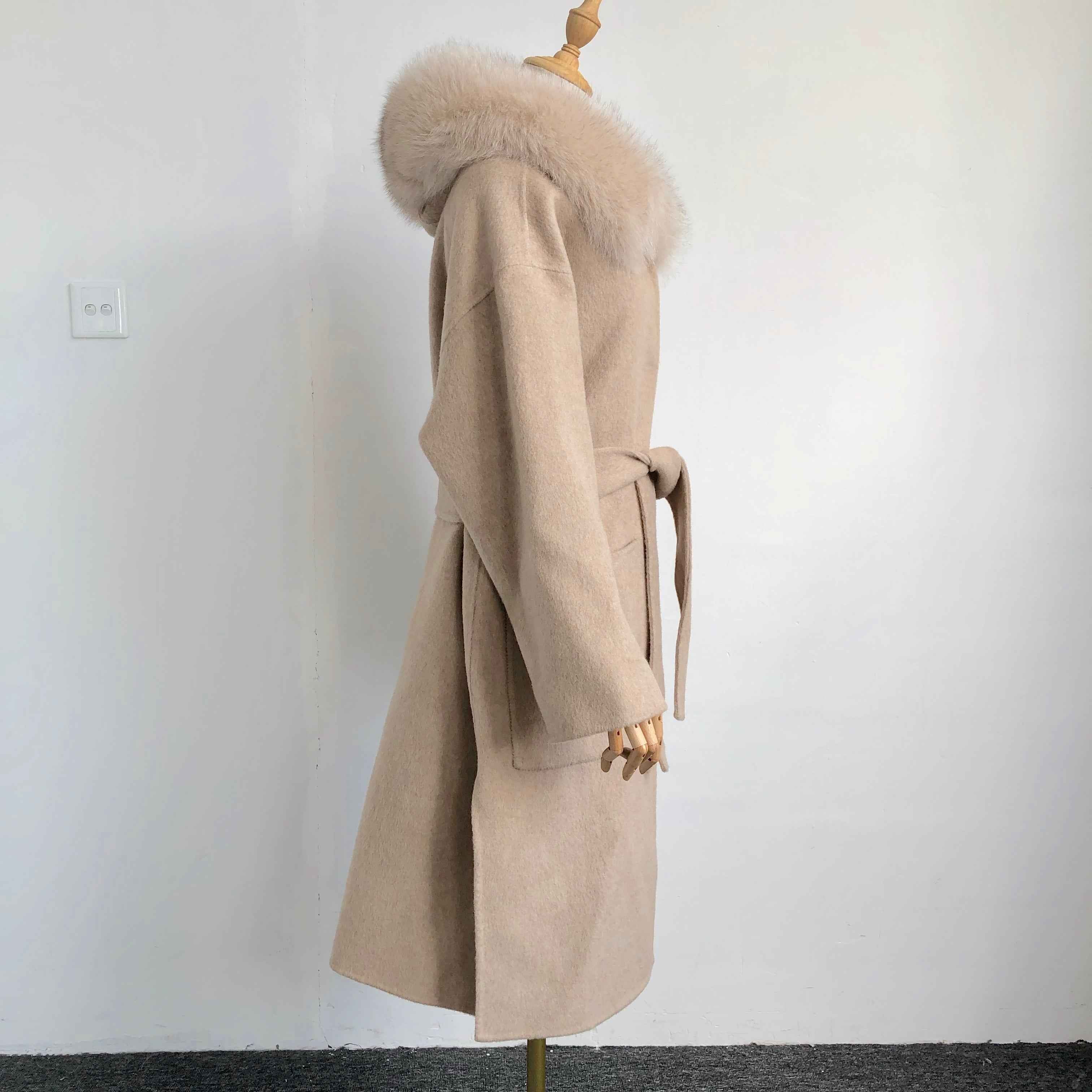 Modern Hooded Double-Faced Wool Coat with Cozy Fox Fur Details