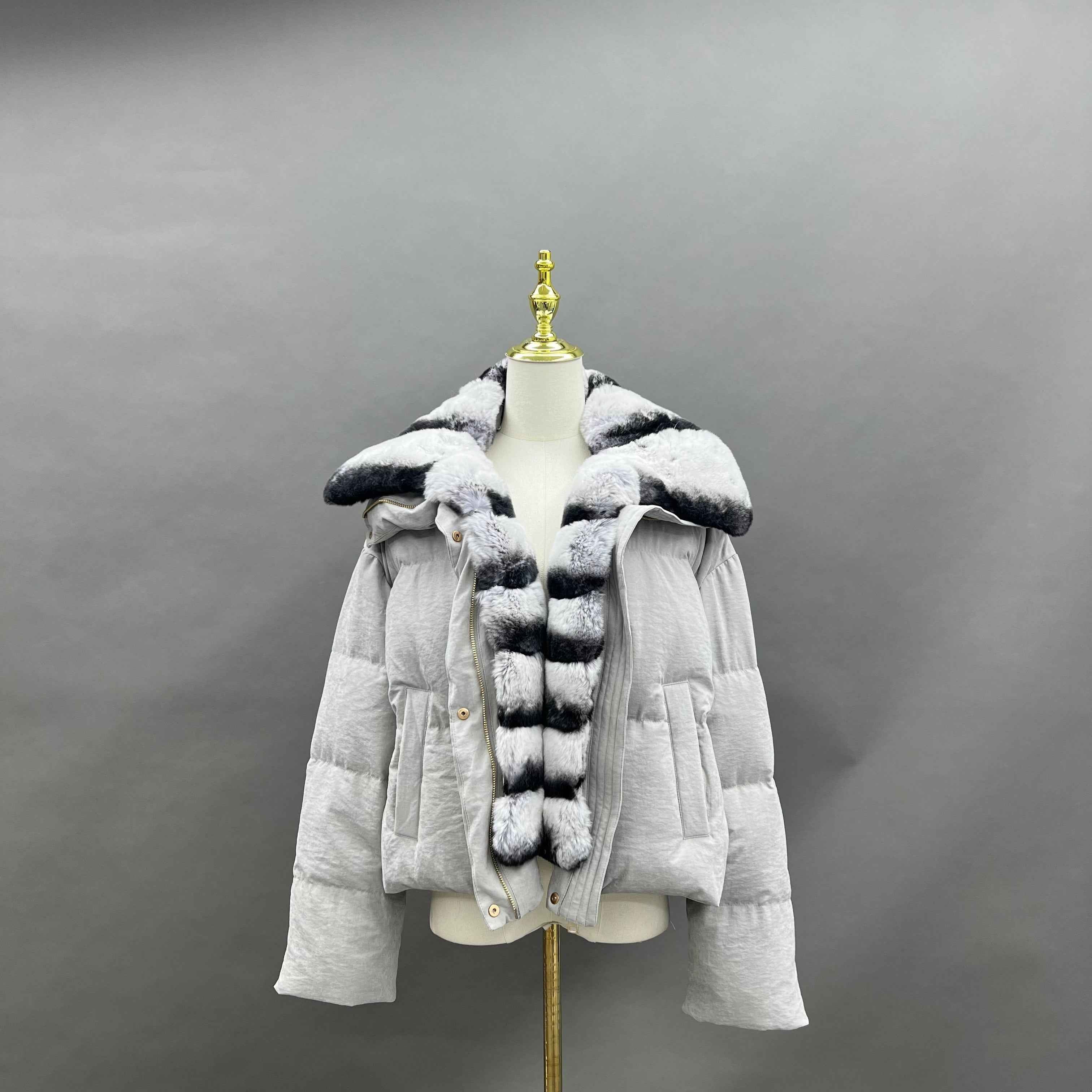 Women's Down Jacket with Rabbit Fur - Trimmed Collar and Placket