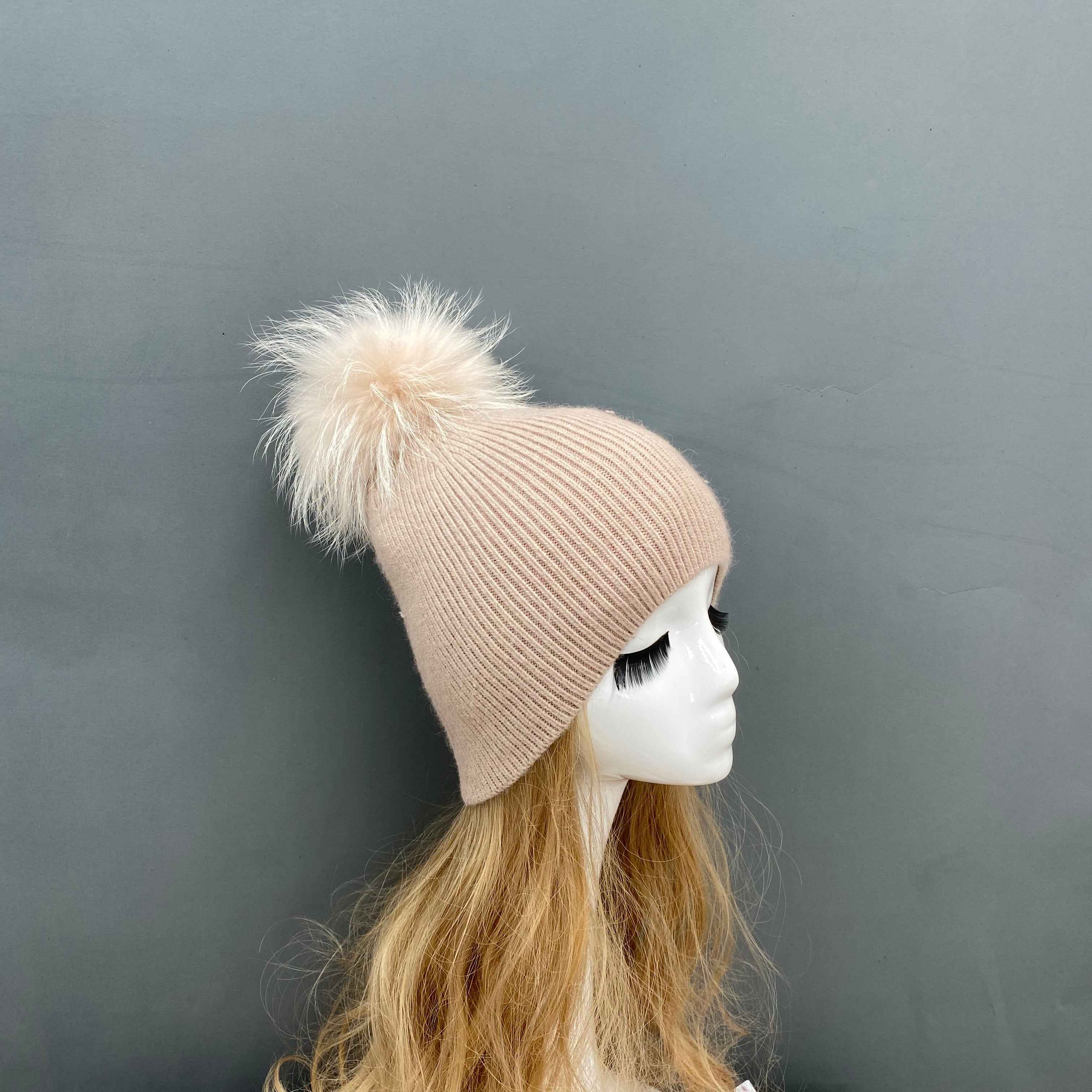 Women's & Kids' Gray Knit Beanie with Real Raccoon Fur Pom-Pom – Soft Rabbit Blend, Non-Cuffed Winter Hat for Family 4# Beige