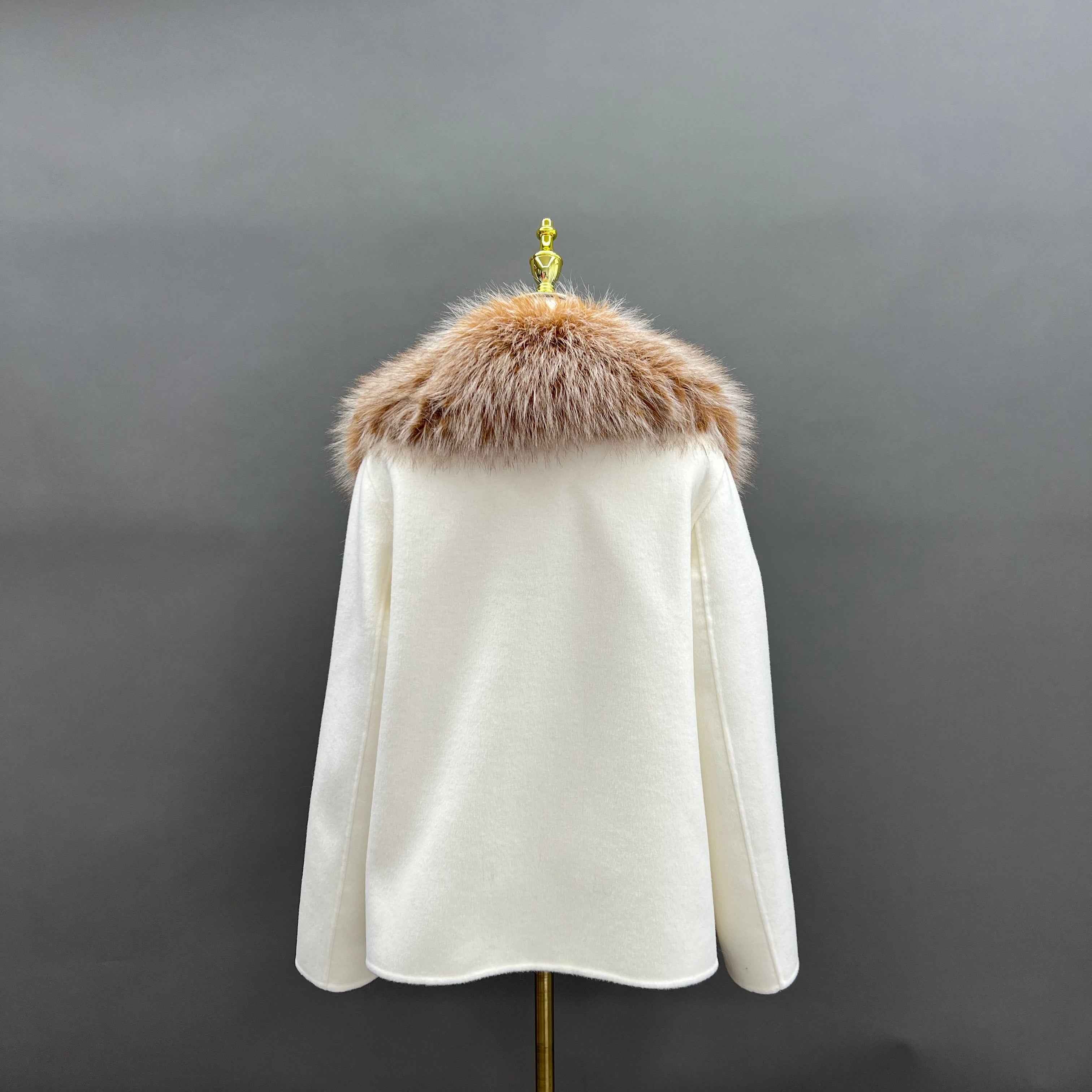 Autumn Winter White Cashmere Wool Double - faced Coat with Faux Fur Collar & Asymmetric Zipper