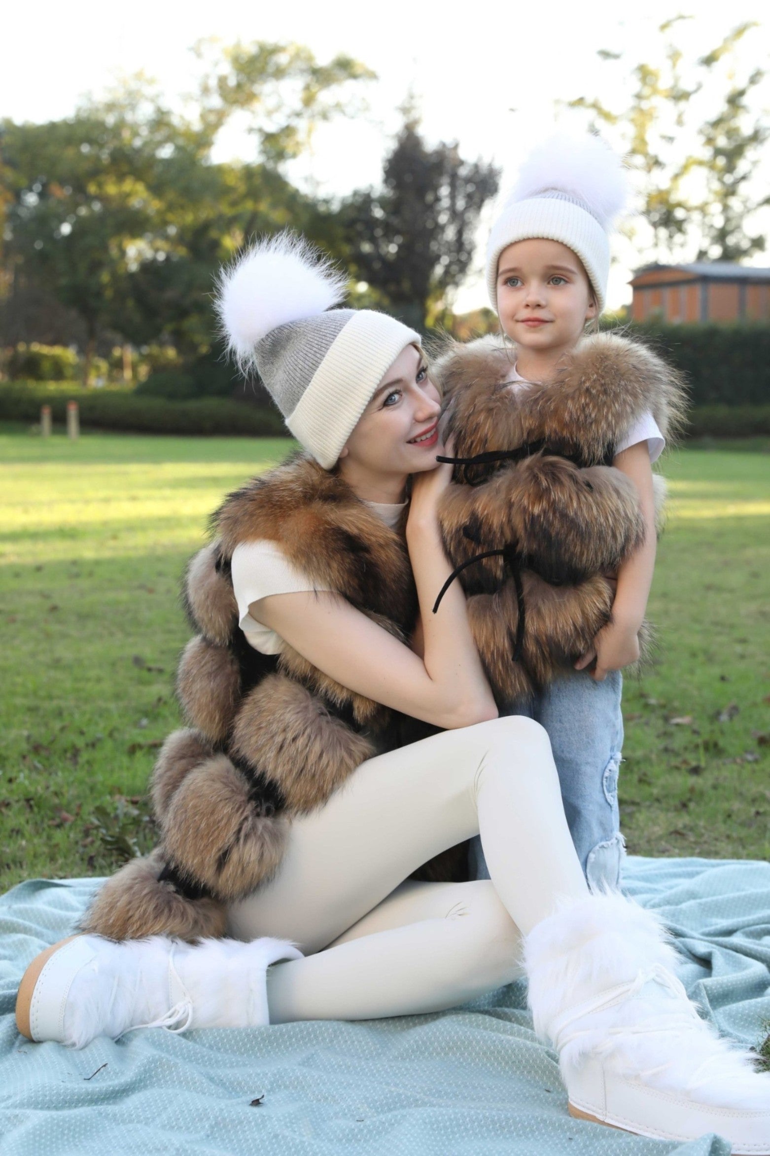 Contrast Color Angora Knitted Fur Pom Pom Warm Beanie Hat For Adults and Children - Janefur