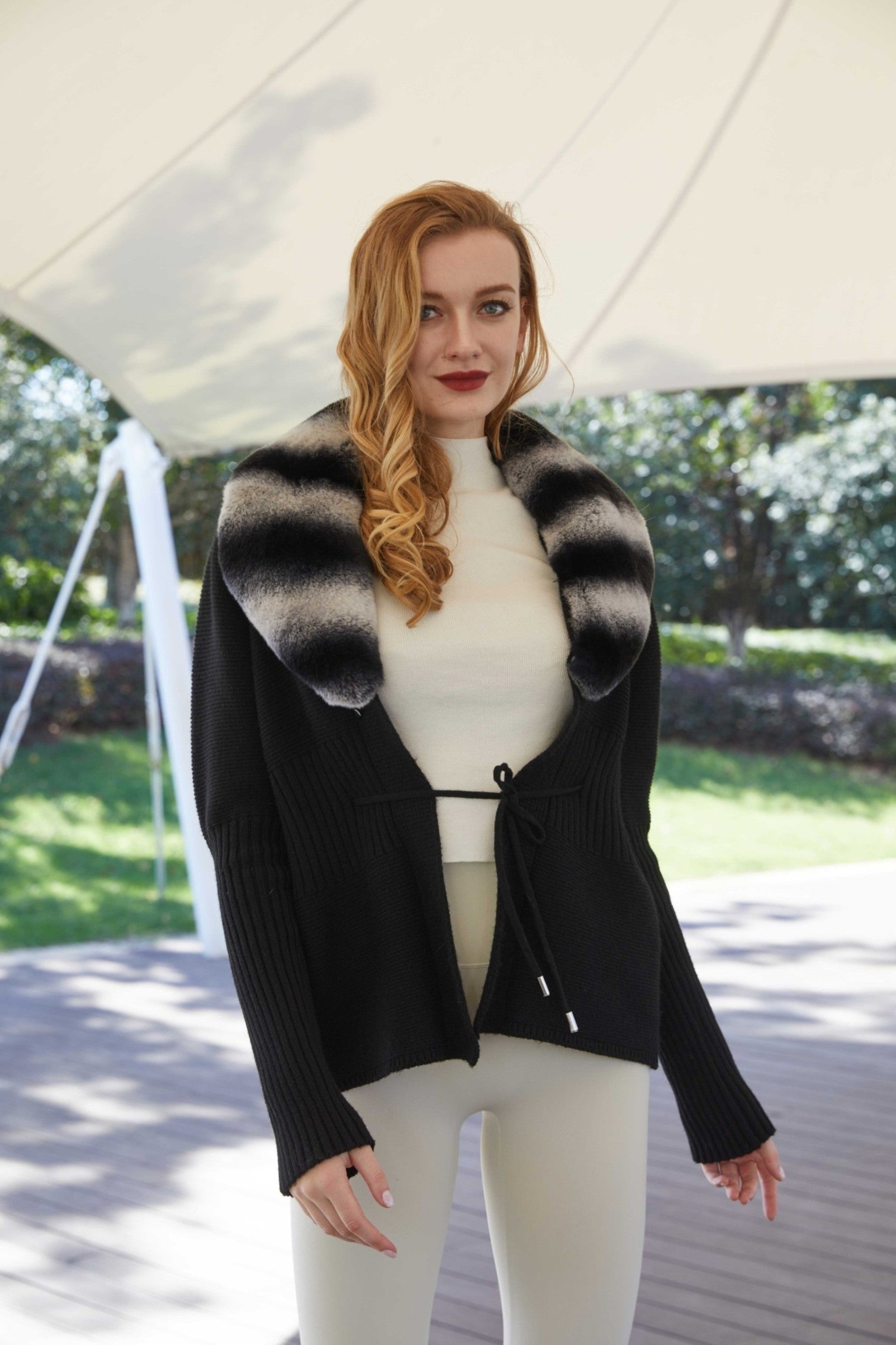 Knitted Rabbit Fur Collar Women's Sweater Coat - Janefur