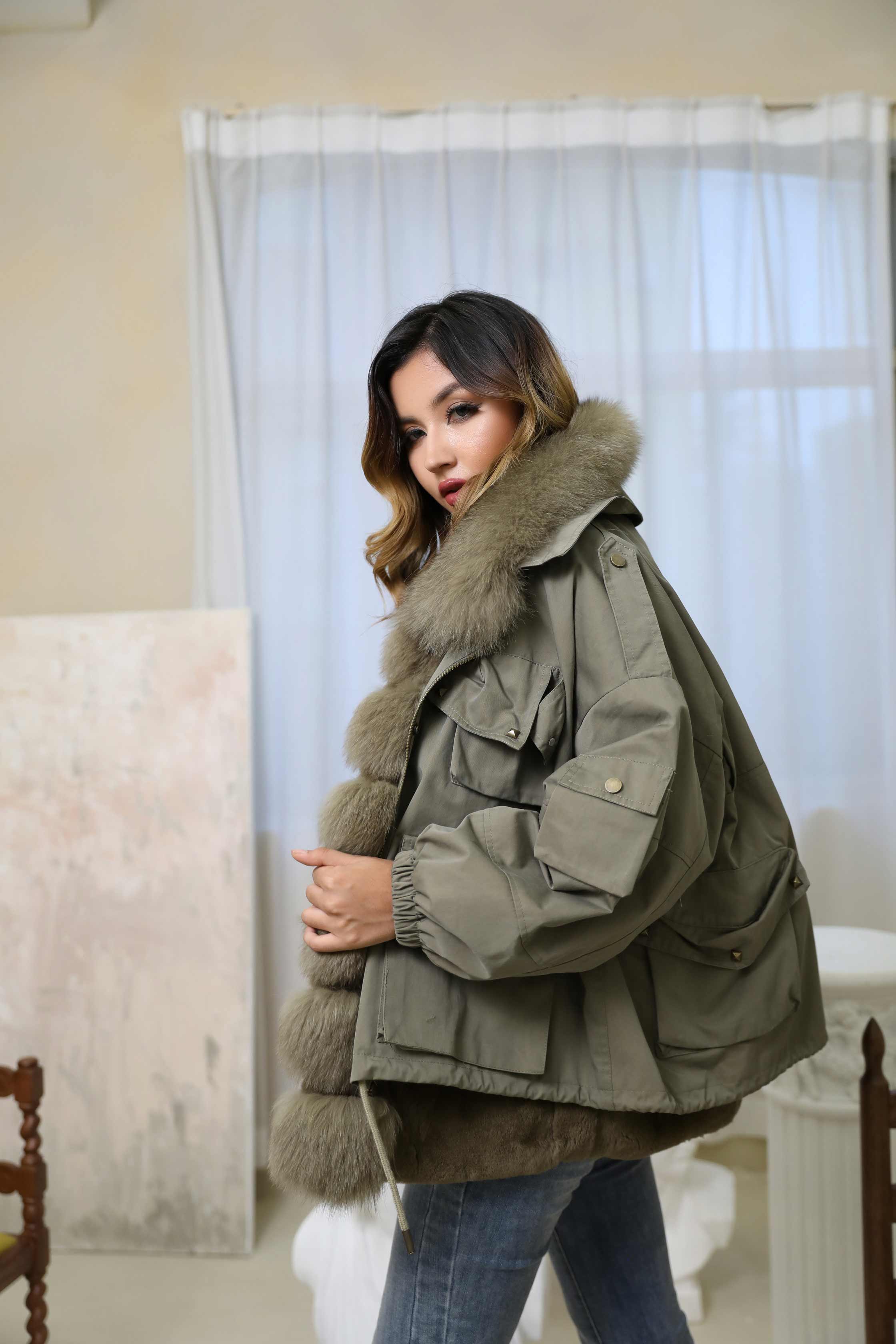 Women's Winter Warm Multi-Pocket Coat Rabbit Fur Tank Fox Placket Parka - Janefur