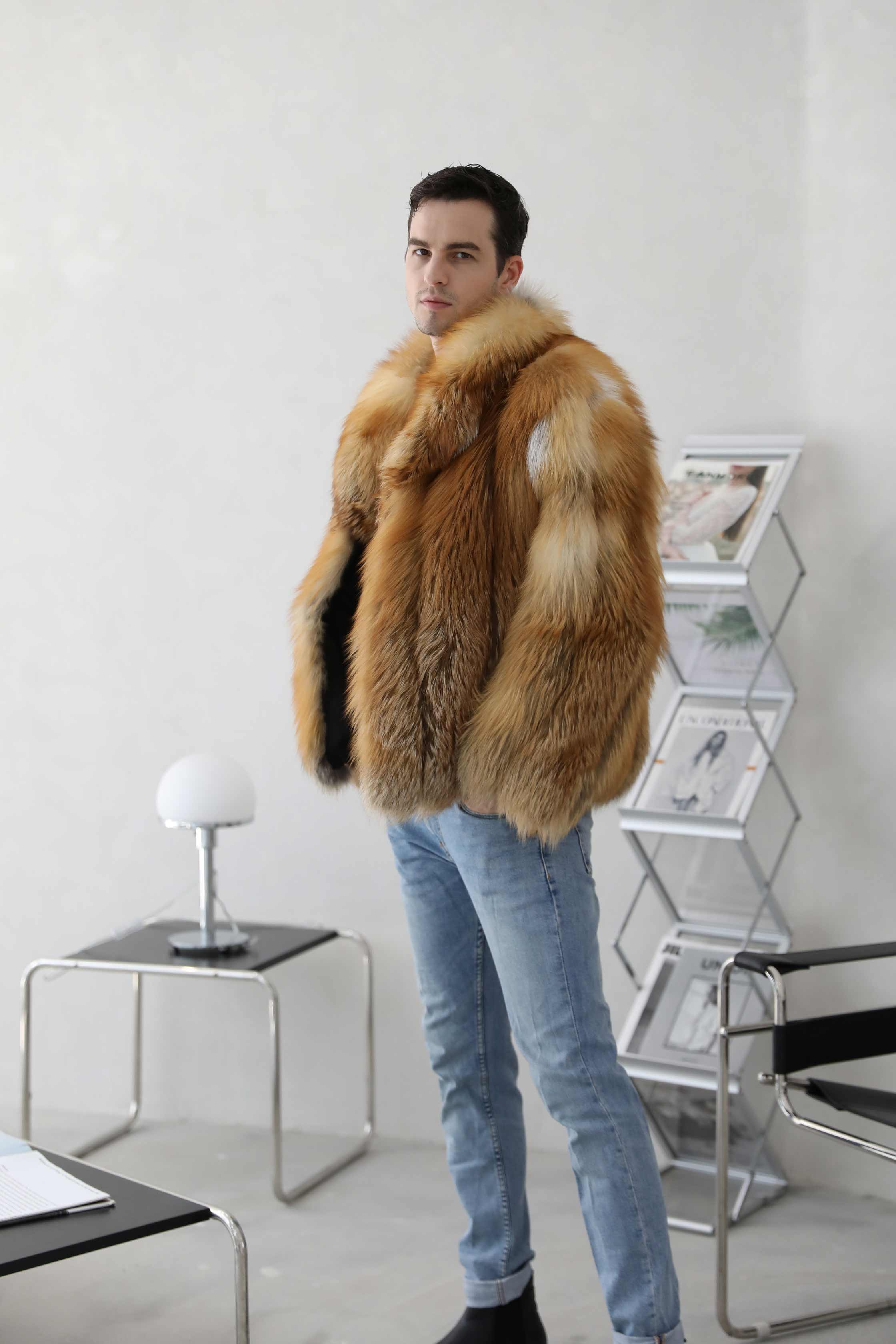 Men's Winter Fashion Regular Real Fox Fur Red Fox Coat - Janefur