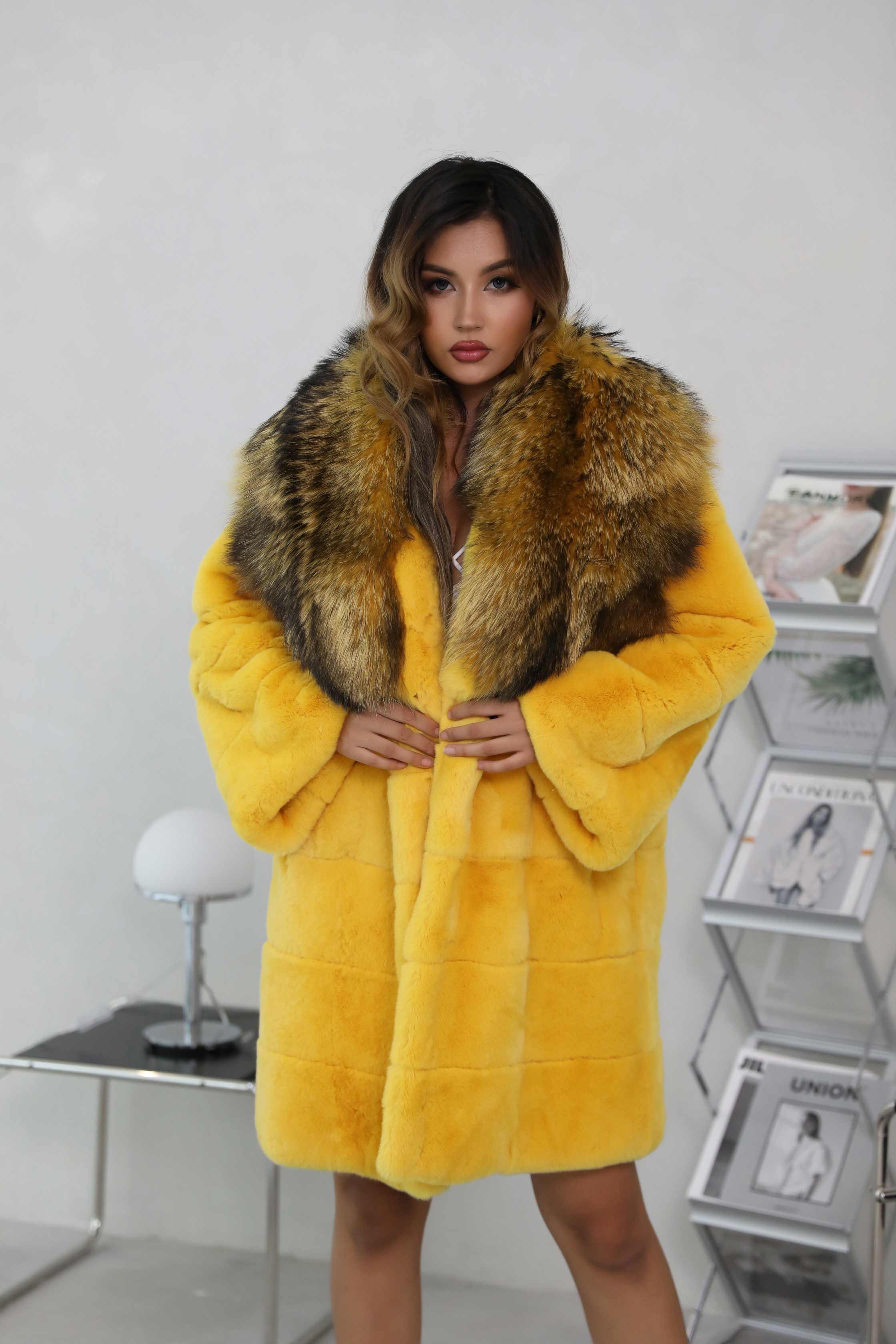 Winter Womens Rabbit Fur Coat Raccoon Fur Collar Real Fur Jacket - Janefur