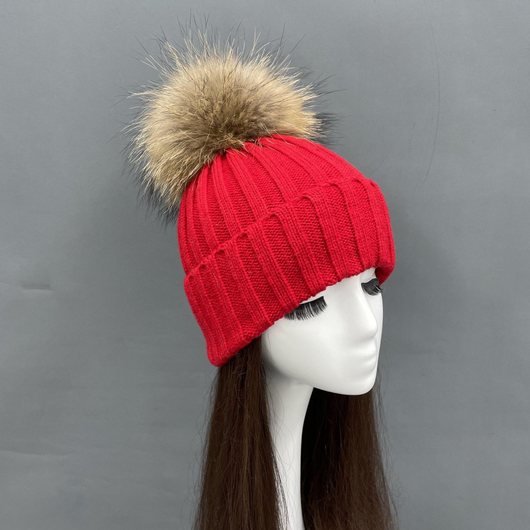 New Fall And Winter Striped With Fur Pom Pom Acrylic Hat - Janefur