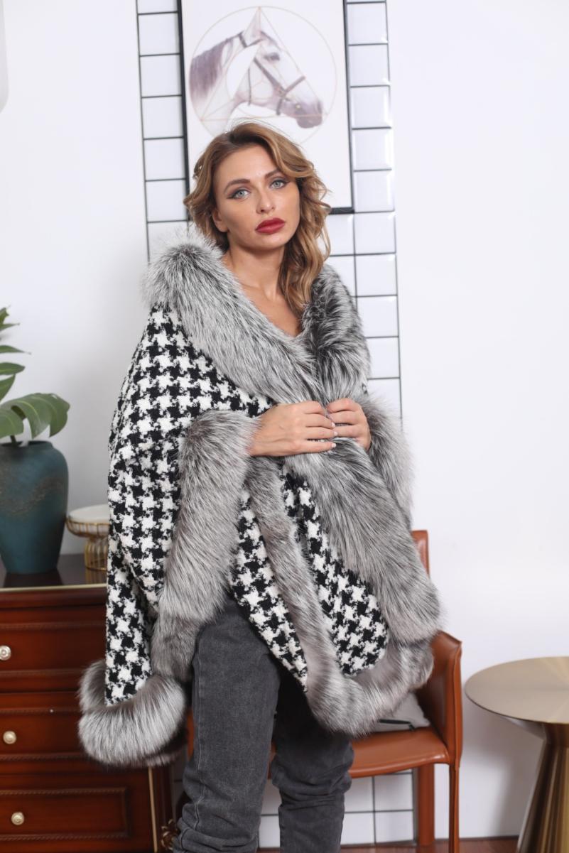 Houndstooth Fox Fur Trimmed Cape - Janefur