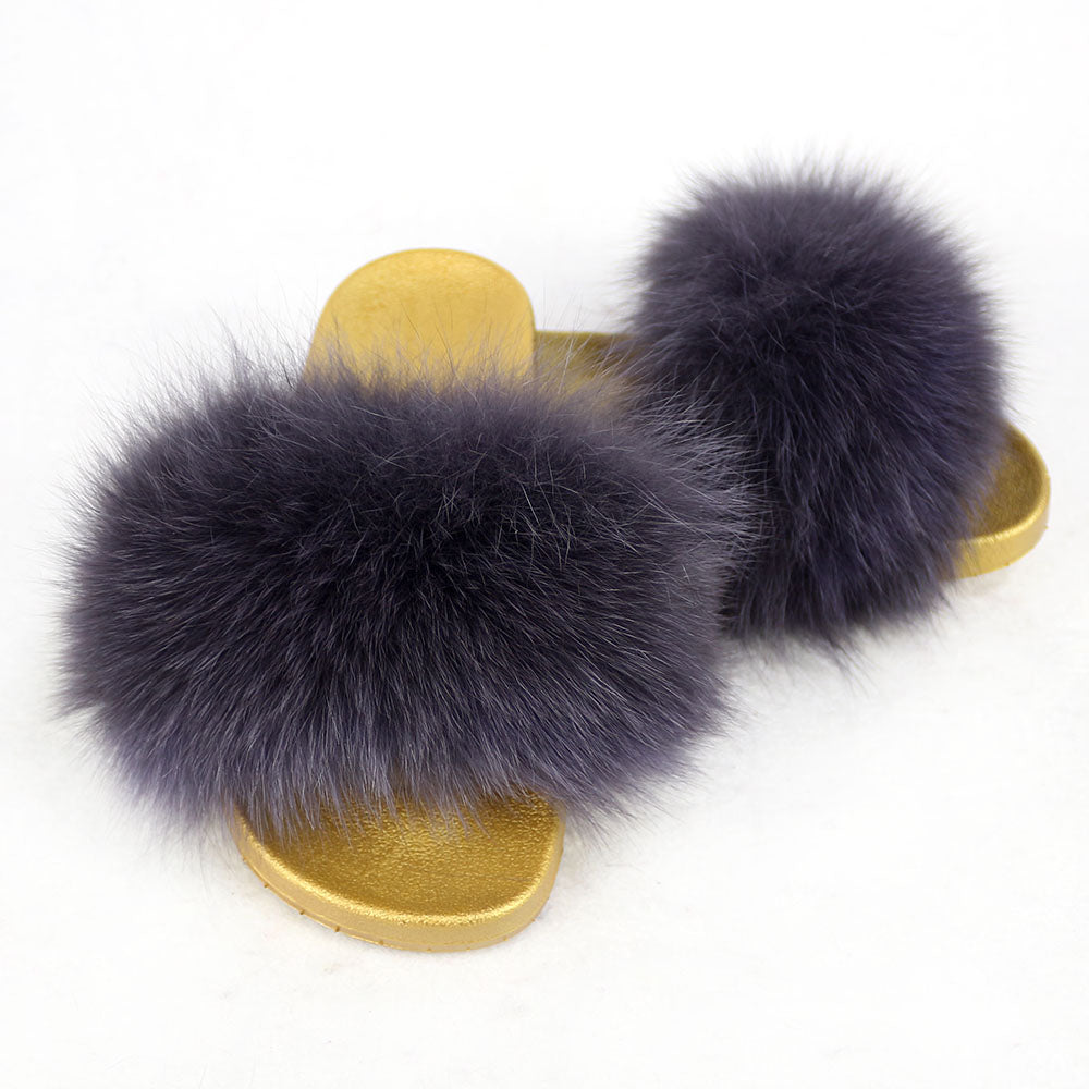 Janefur Wholesale Women's Fashion Slippers With Real Fox Fur Trim (Black, Gold, Silver Soles)