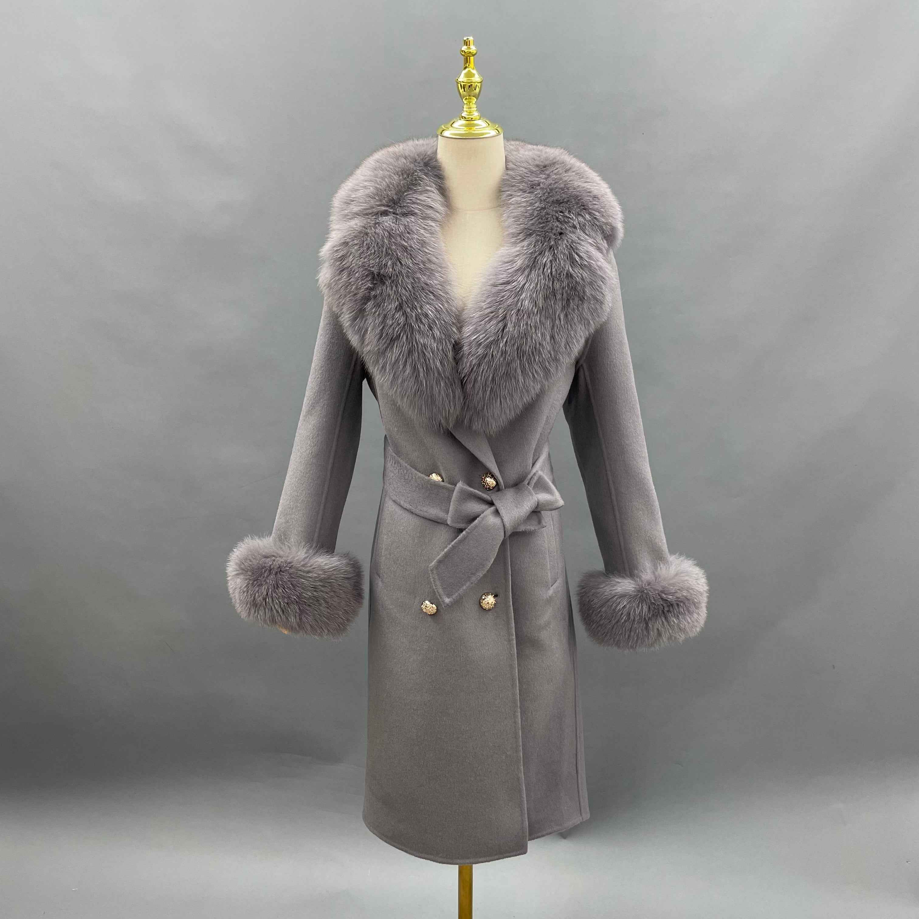 Double - Faced Wool Coat with Fox Fur Collar, Cuffs and Tie Waist