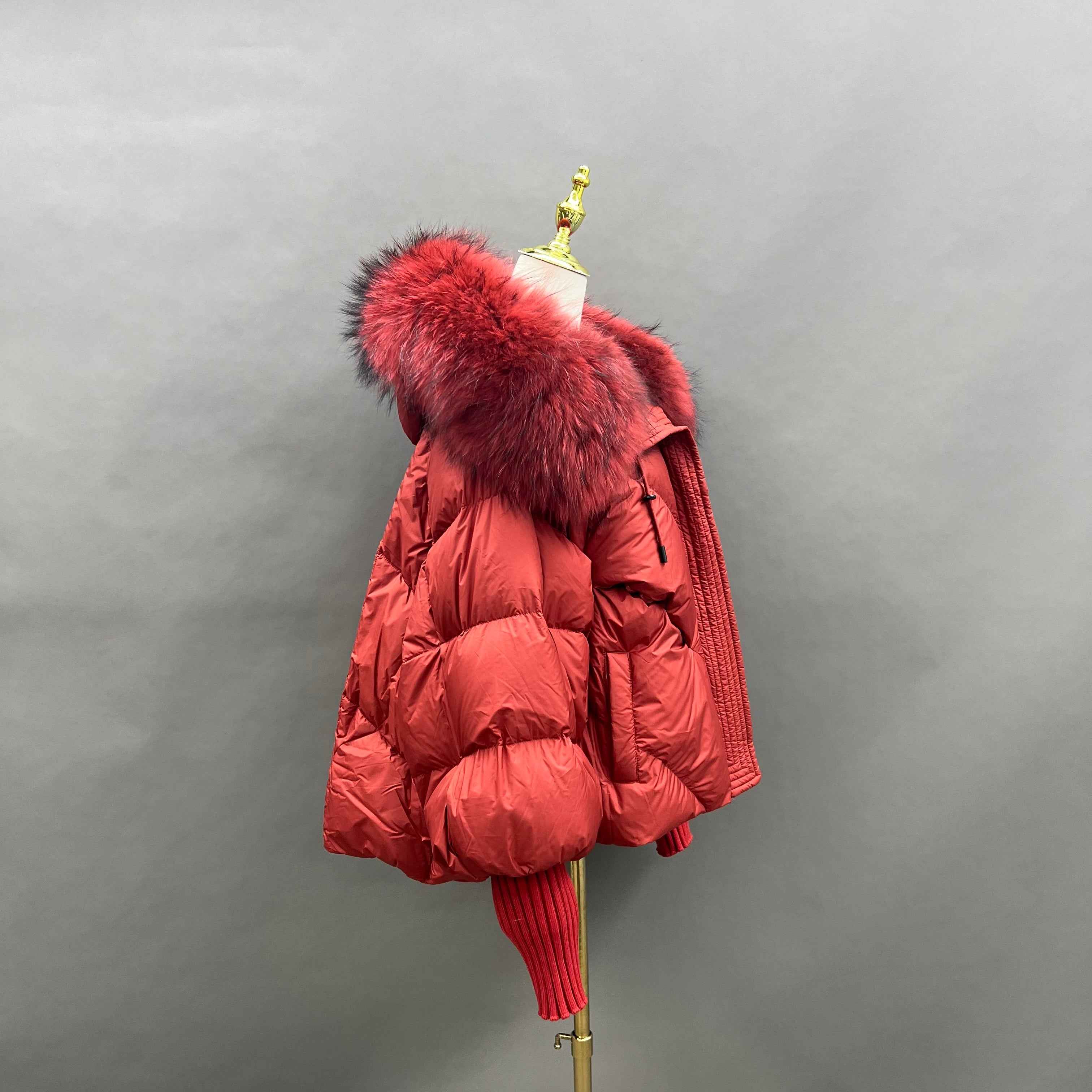Women's Puffer Down Jacket with Raccoon Fur Trimmed Hood and Elastic - Extended Sleeves
