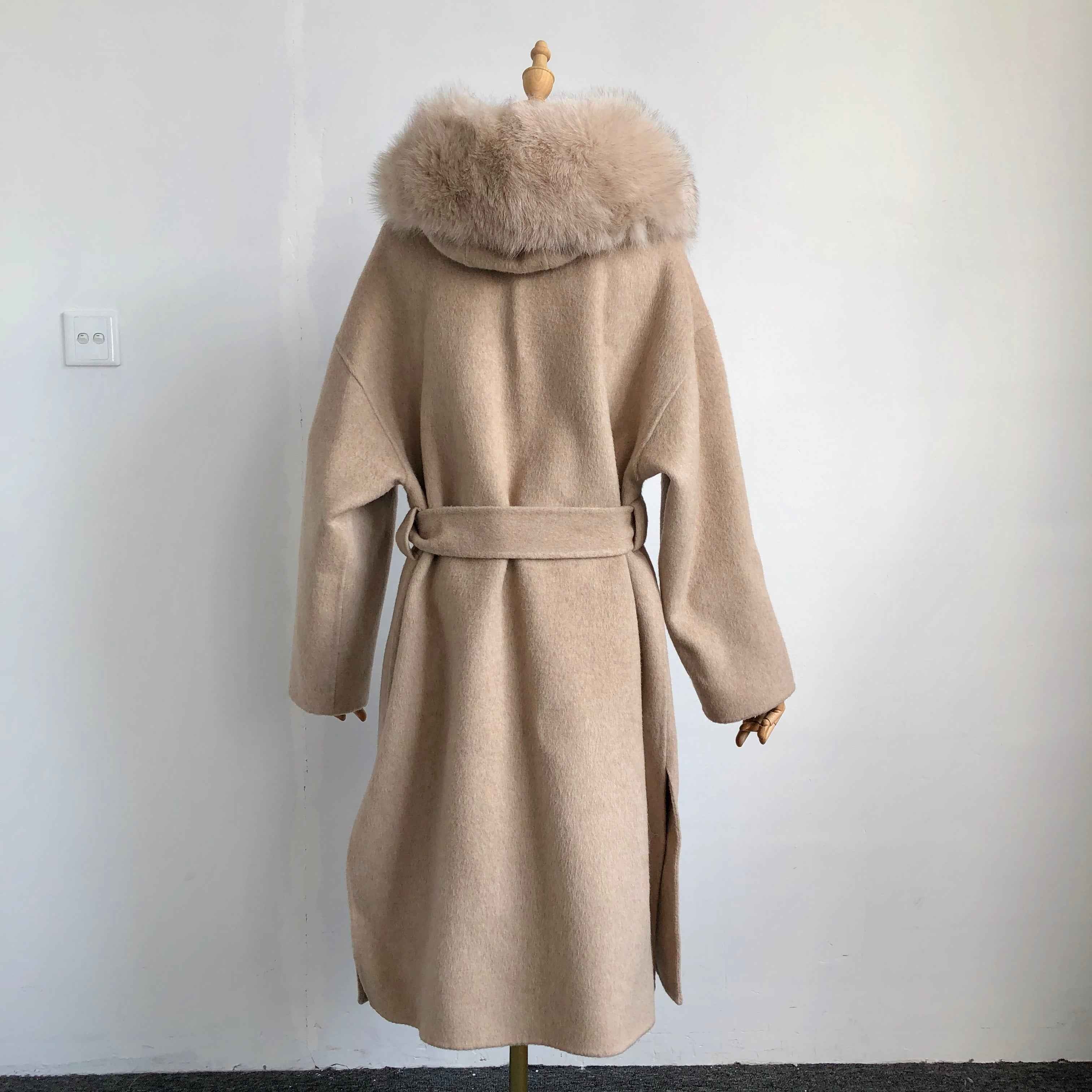 Modern Hooded Double-Faced Wool Coat with Cozy Fox Fur Details