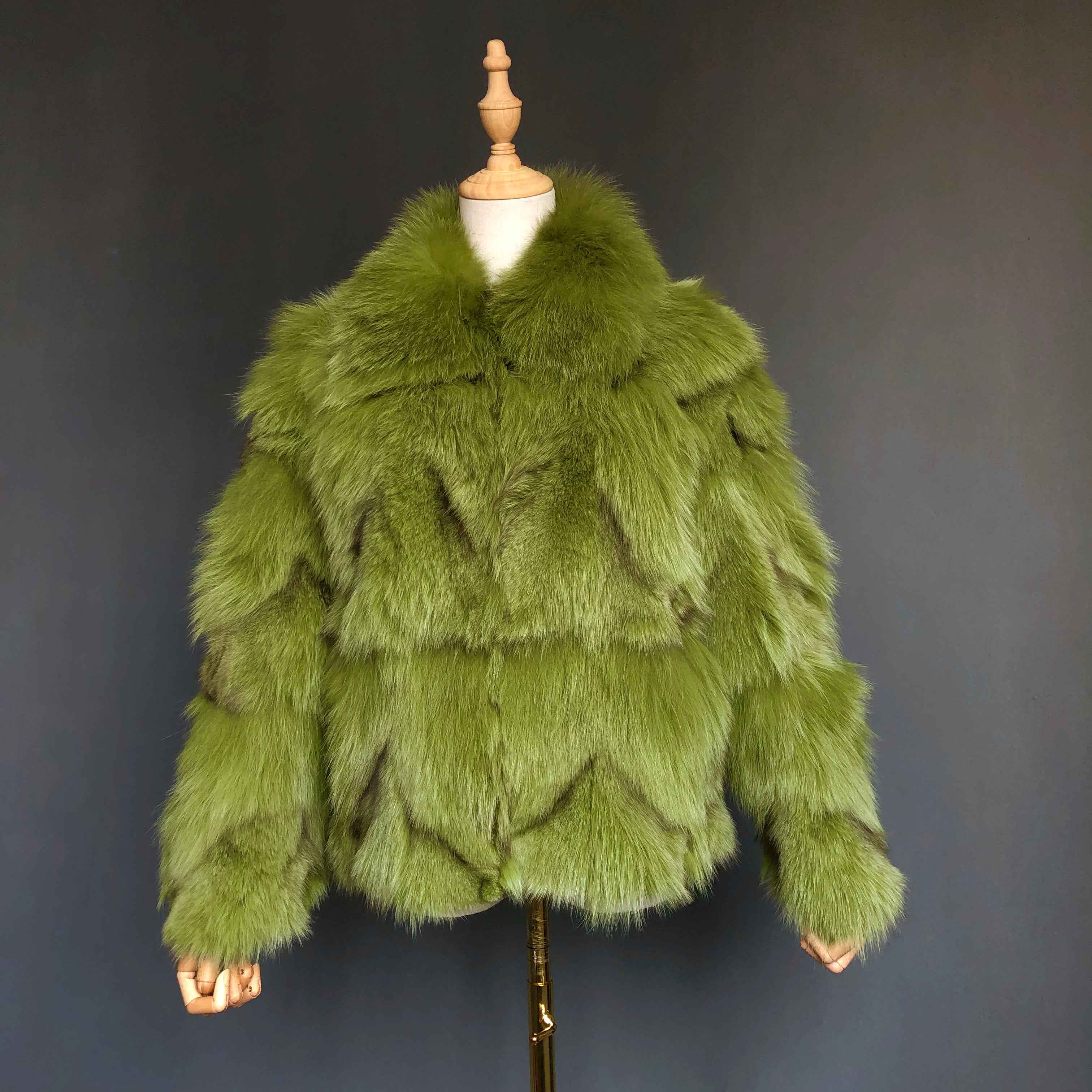 Genuine Fox Plum Leg Fur Long Coat - Winter Warm JANEFUR Green
