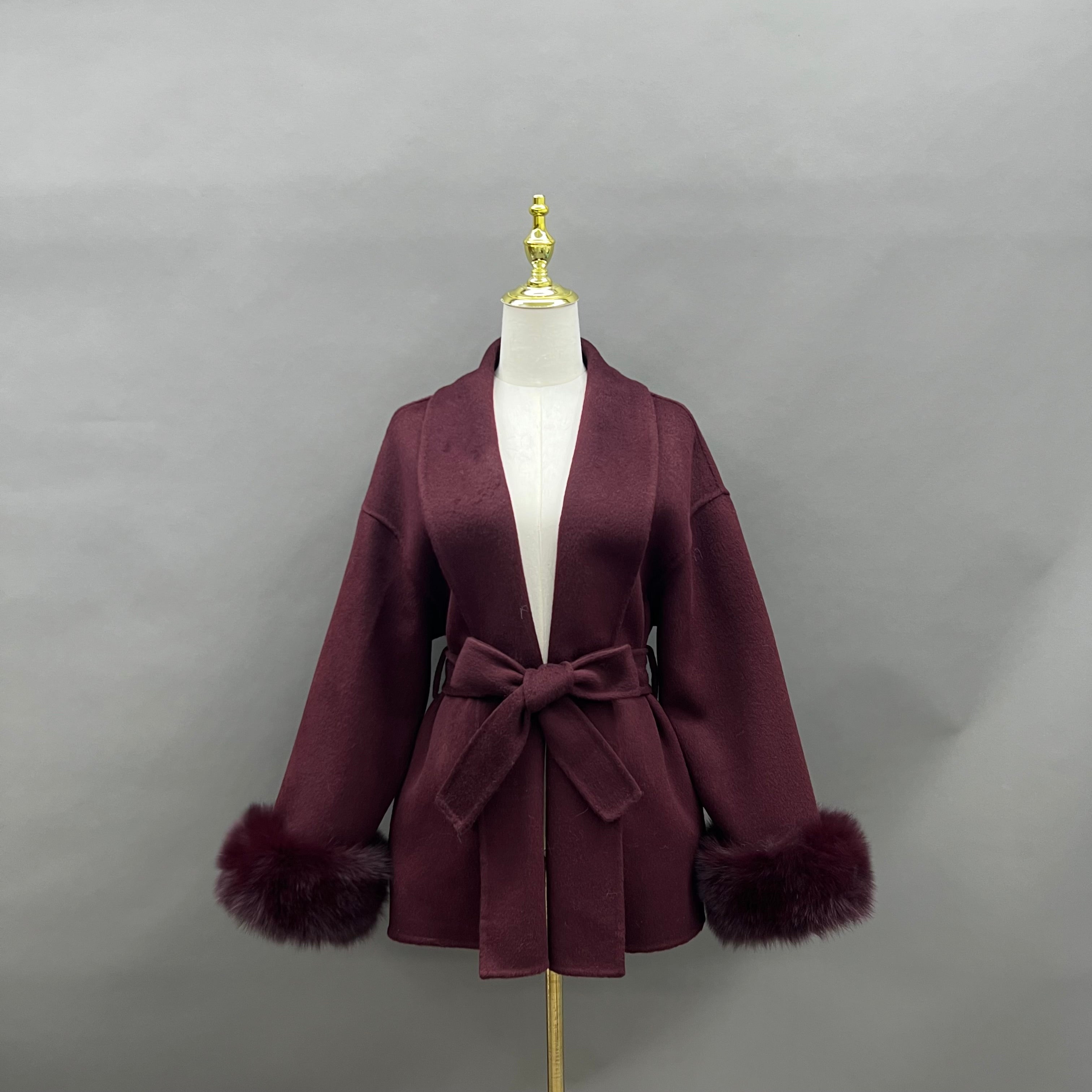 Women’s Burgundy Double-Faced Wool Wrap Coat with Fox Fur Cuffs – Drop Shoulder Belted Short Winter Jacket for Elegant Fashion 6#Wine F-chest 114cm