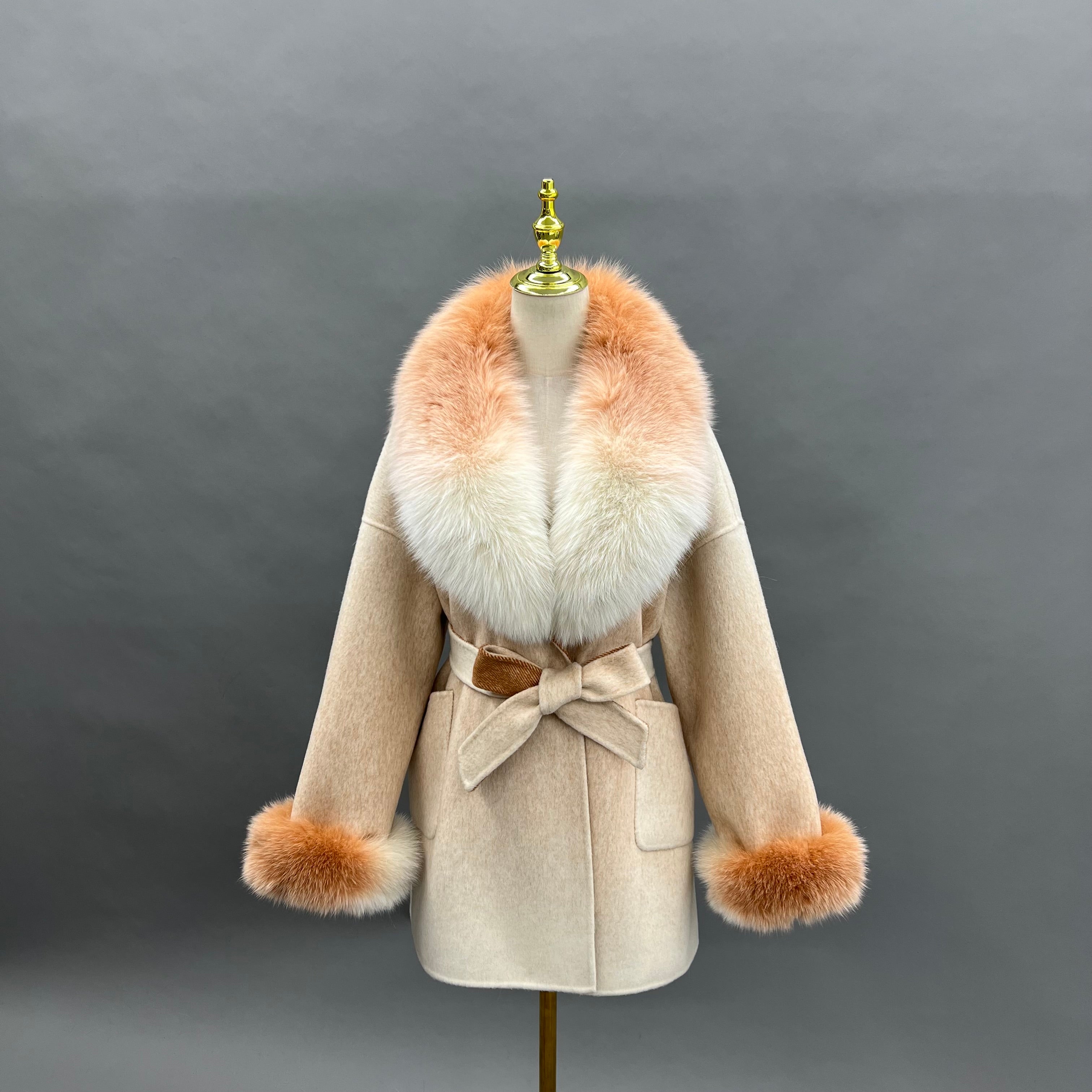 Women’s Pink Gradient Real Fox Fur Collar Wool Coat – Bow Belted Short Winter Jacket for Elegant Fashion 5#Gradient Orange