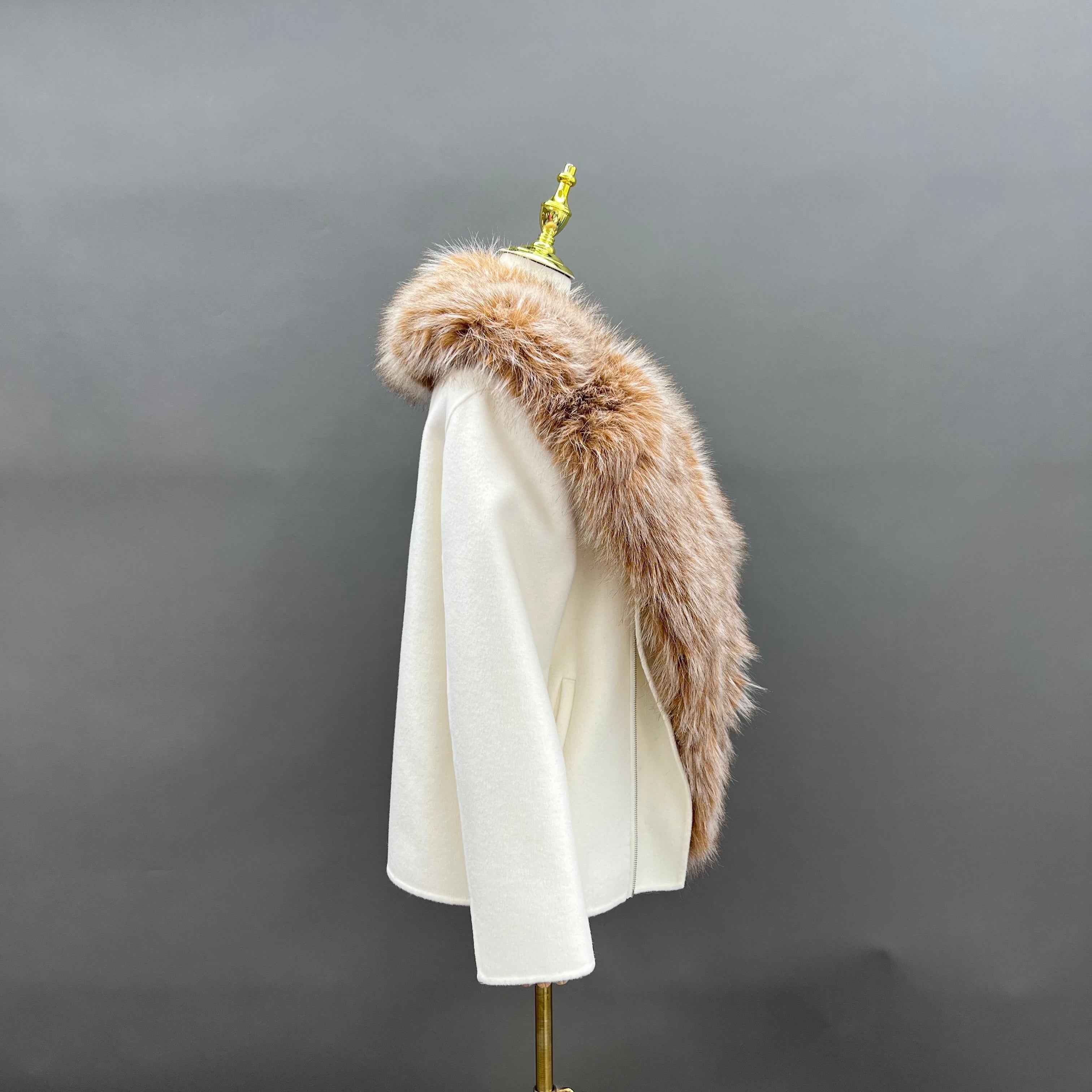 Autumn Winter White Cashmere Wool Double - faced Coat with Faux Fur Collar & Asymmetric Zipper