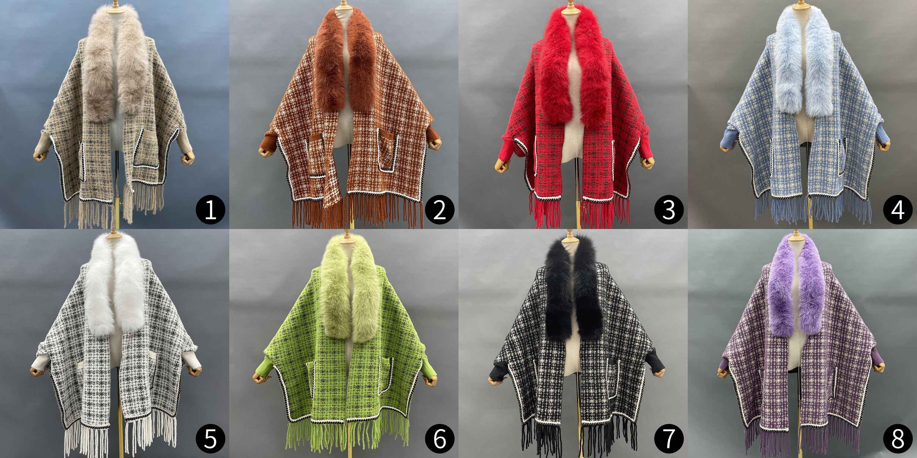 Women's Luxurious Chanel-Style Tweed Check Shawl Cardigan with Fox Fur Collar, Ribbed Cuffs & Fringe Detail - Winter Fashion Outerwear