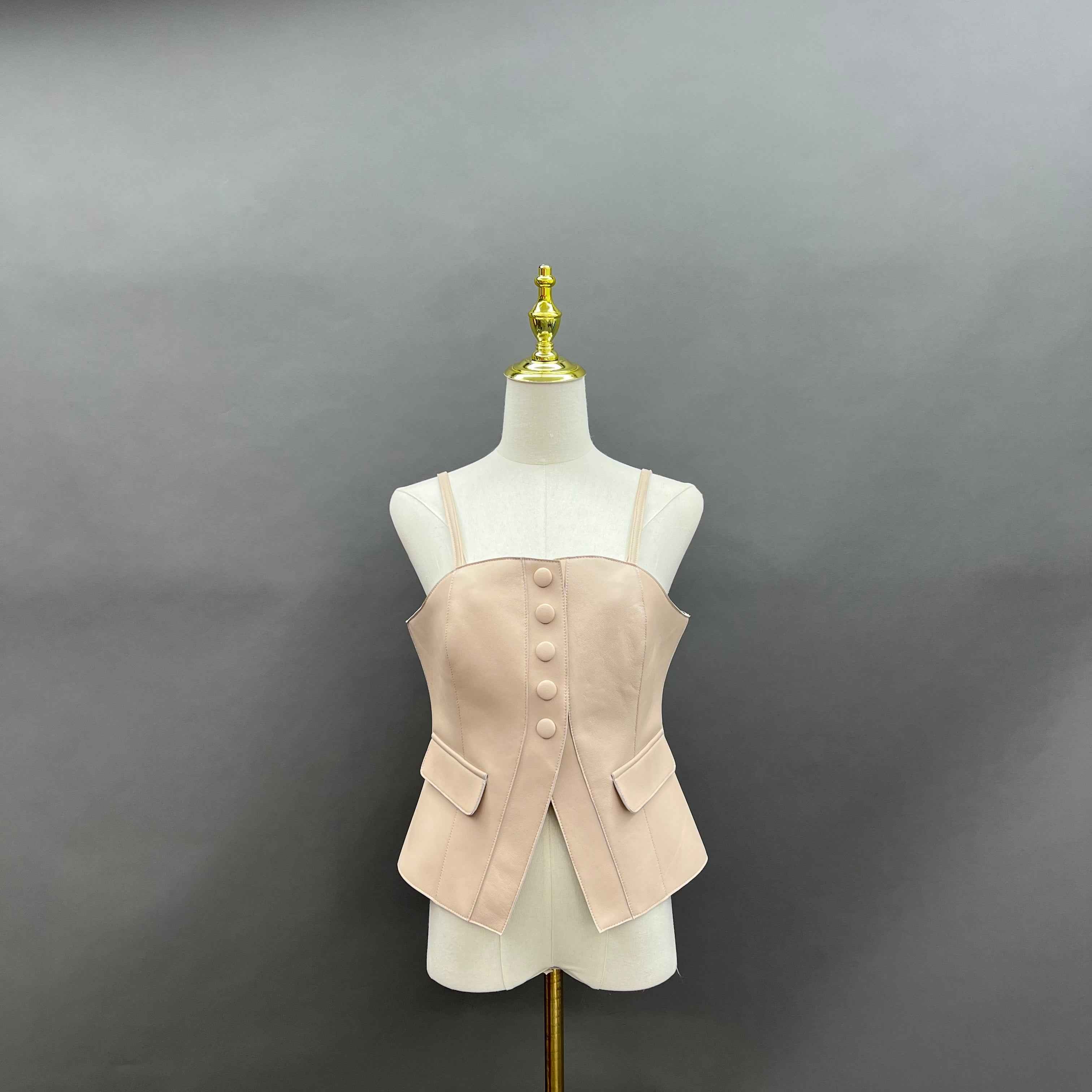 Pink Faux Leather Corset Top with Vertical Buttons and Pockets – Women’s Strappy Bodysuit for Casual & Party Wear