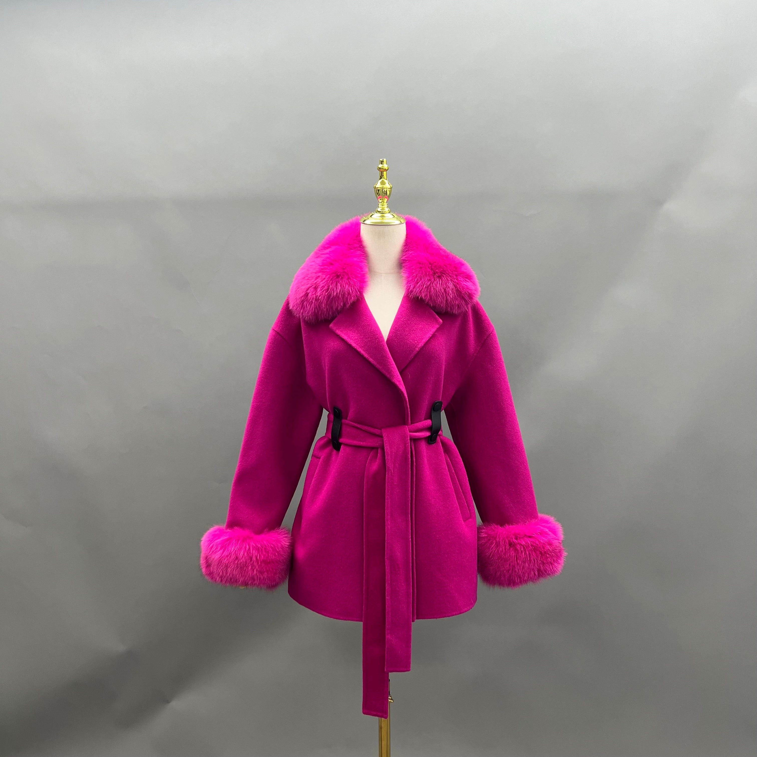 Trendy New Style Fox Fur Collar Short Cashmere Coat For Women 7#Fuchsia