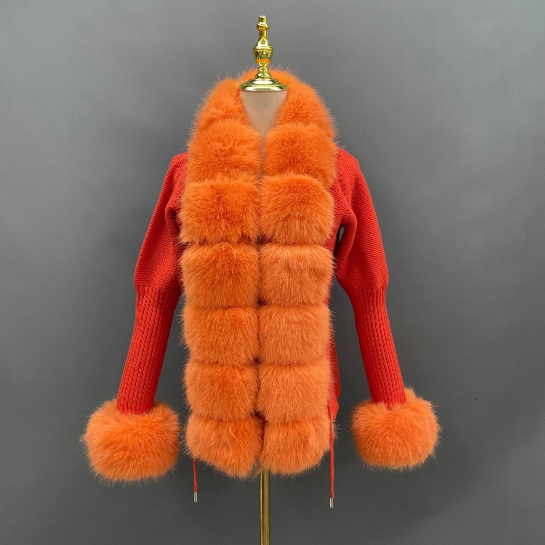Women's Knitted Sweater Coat Cuff Placket with Eco-Fur Faux Fur - Janefur