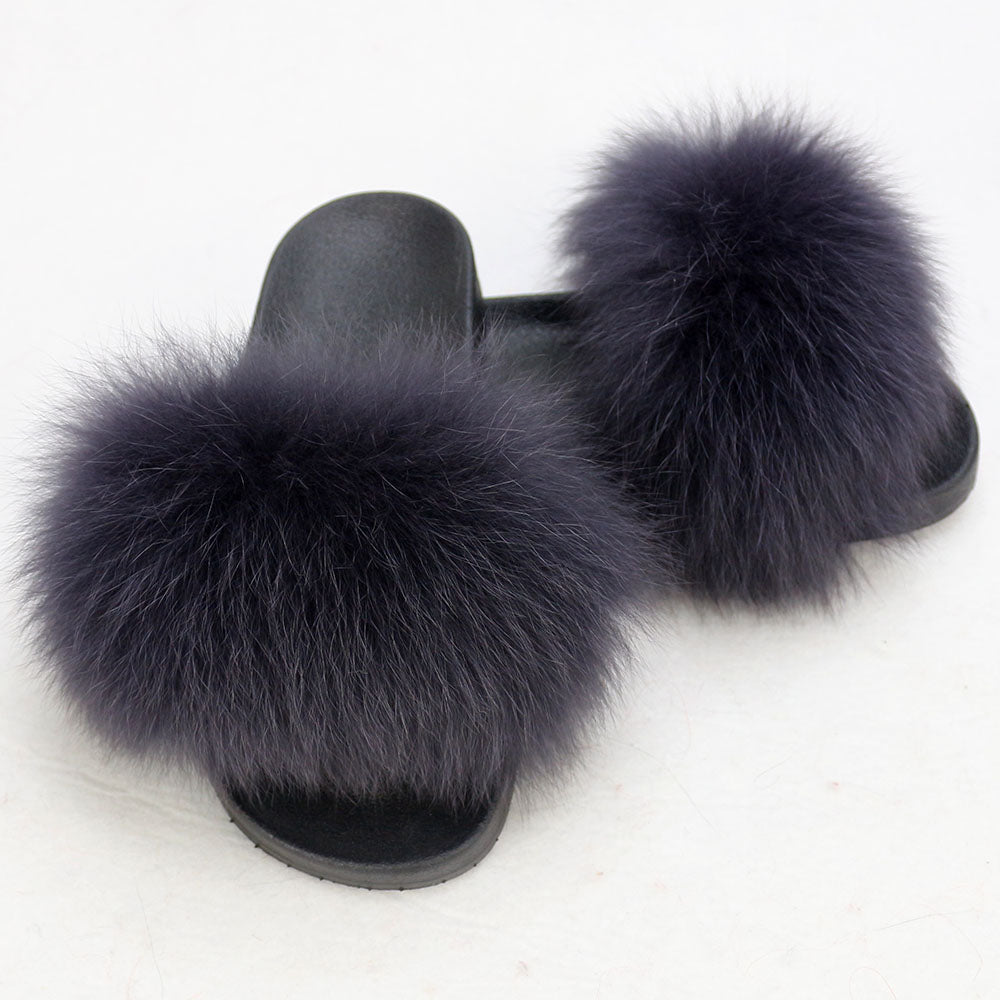 Janefur Wholesale Women's Fashion Slippers With Real Fox Fur Trim (Black, Gold, Silver Soles)