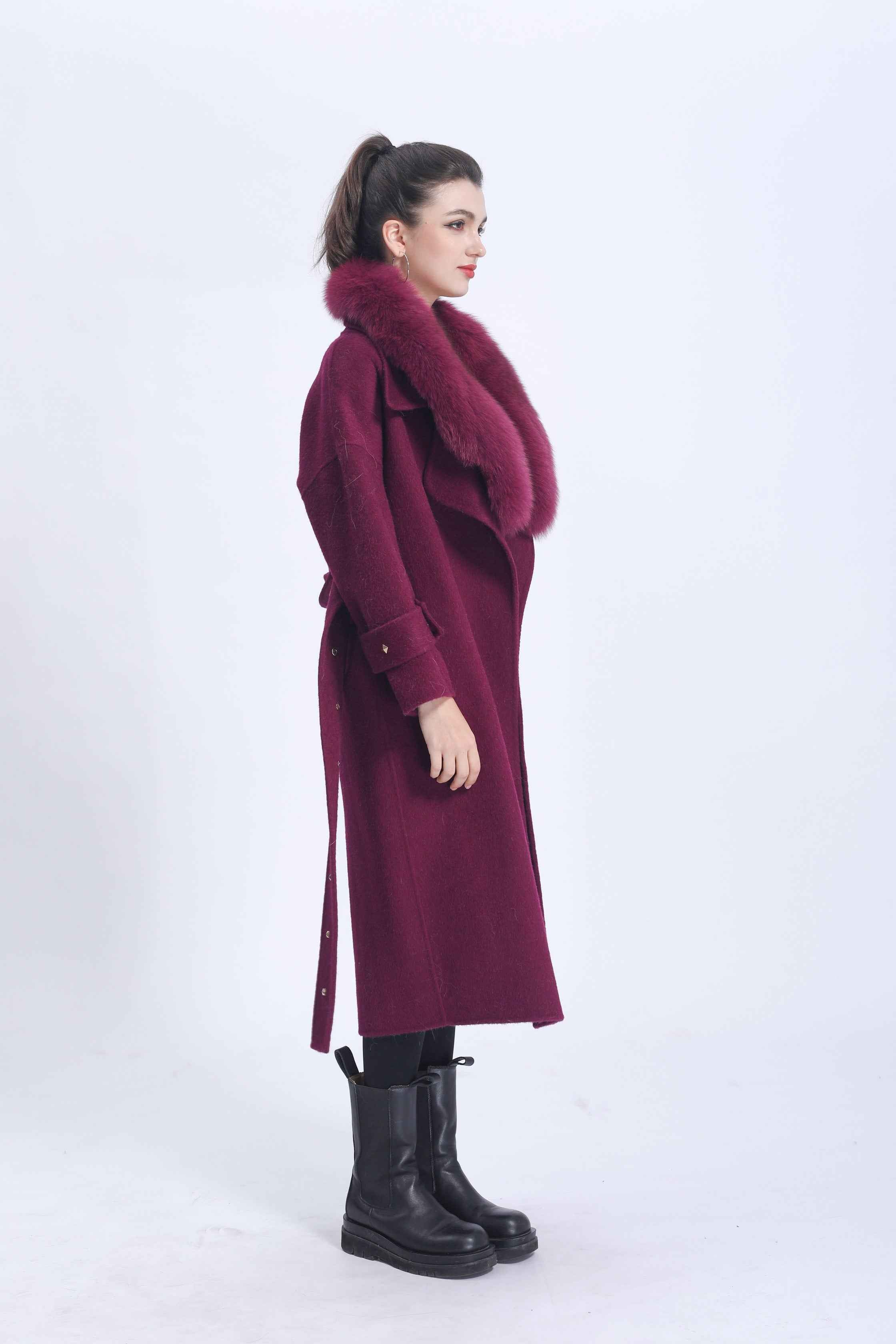 Luxury Double-Faced Wool Coat with Fox Fur Collar and Studded Button Detailing – Elegant Long Overcoat for Women