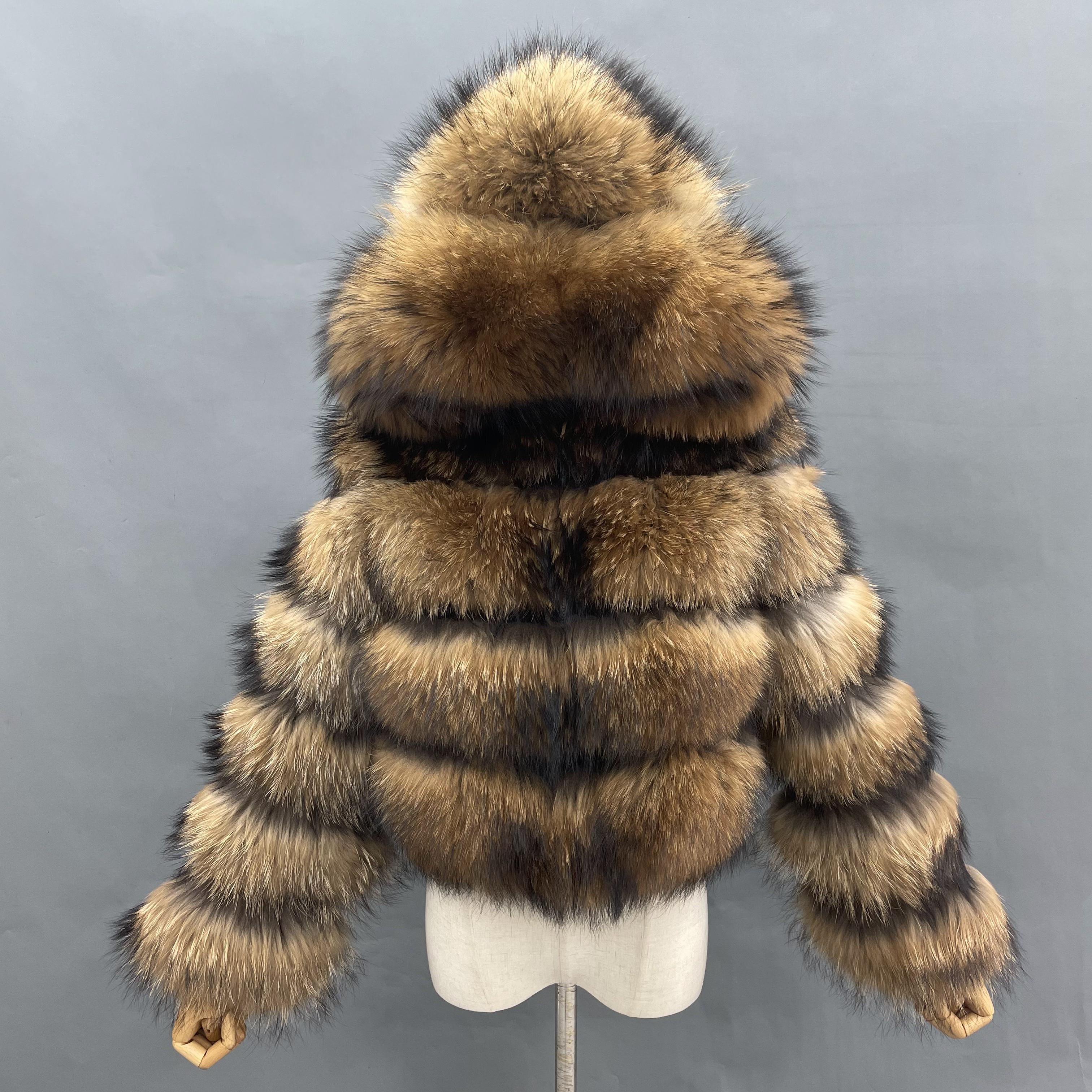 Women's Premium Fox Fur Hooded Short Coat - Layered Design Winter Fashion Warm Jacket Animal 4