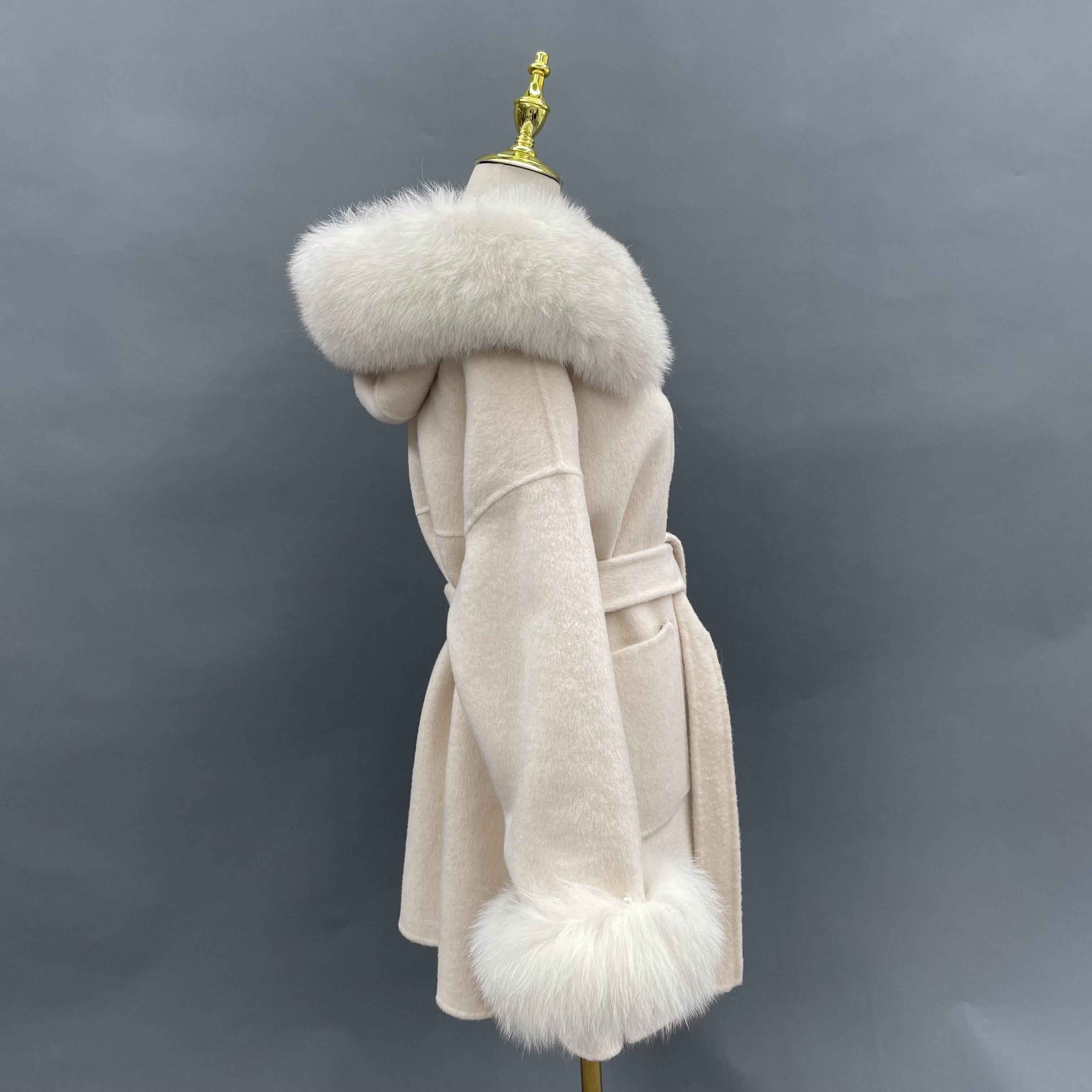 Double - Faced Wool Hooded Coat with Faux Fur Trim on Hood and Cuffs & Tie Waist