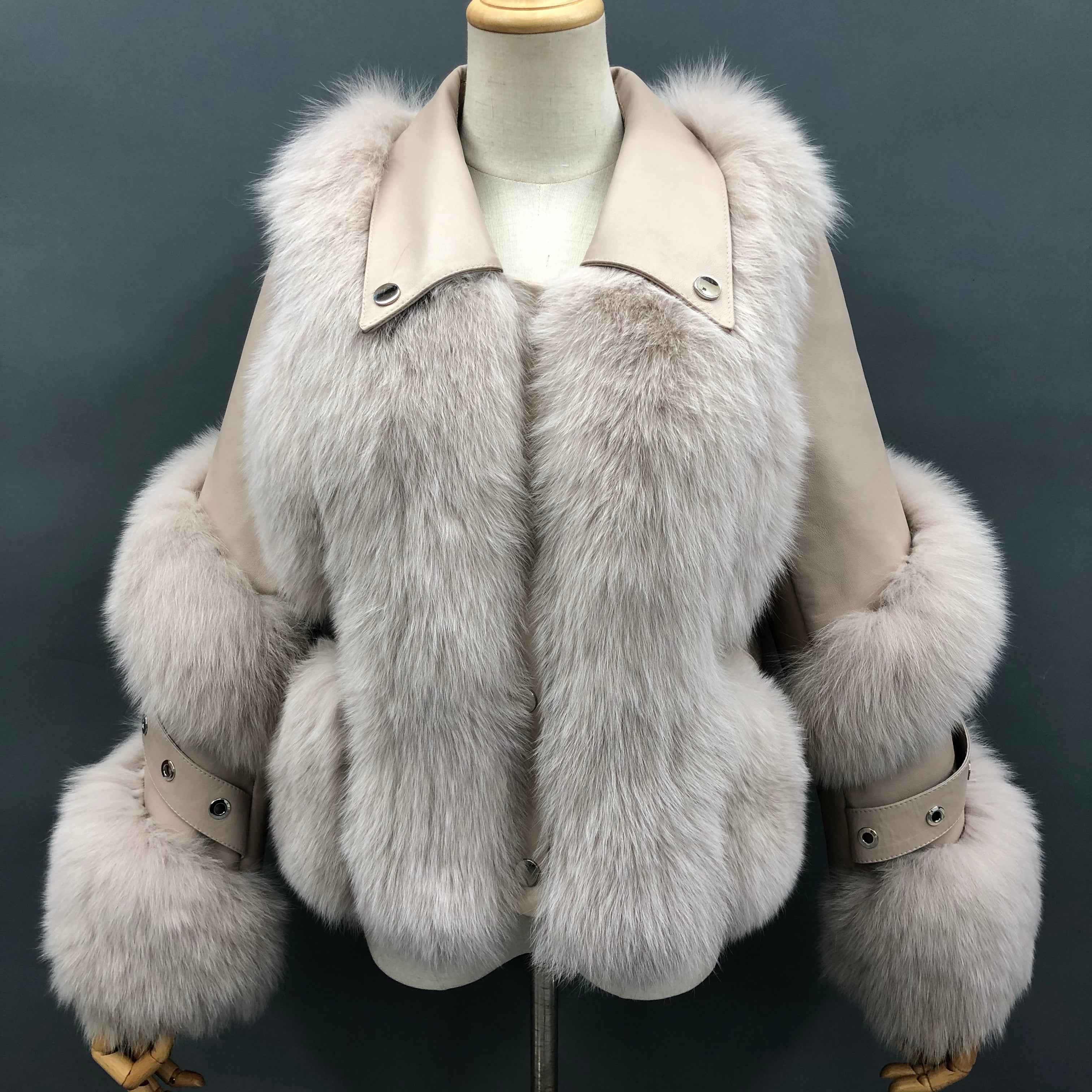 New Arrival Dark Grey Fox Fur Coat with Leather Patchwork - Cropped Biker Style Winter Outerwear" Beige