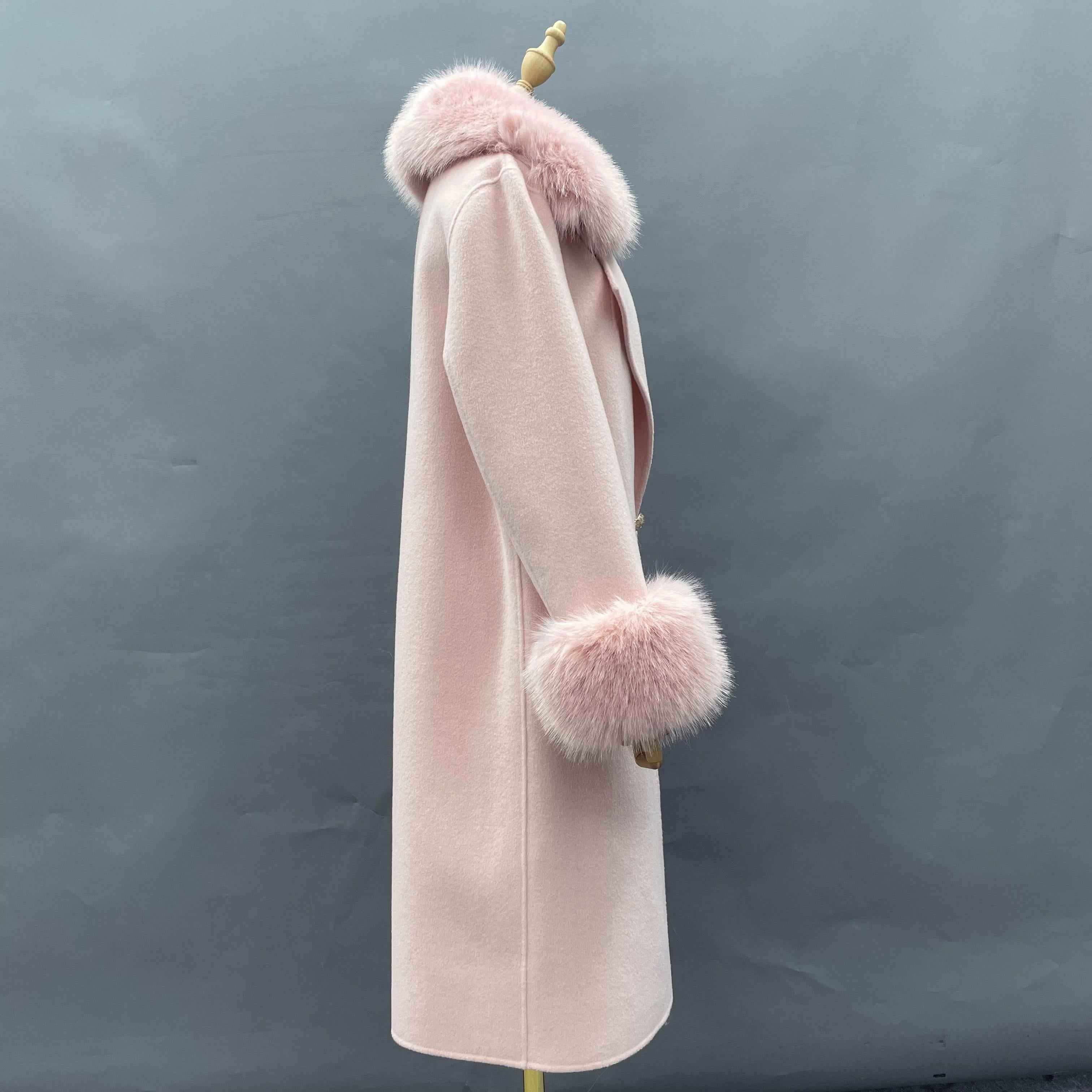 Elegant Double - Faced Wool Long Coat with Faux Fur Collar, Faux Fur Cuffs and Double - Breasted Design