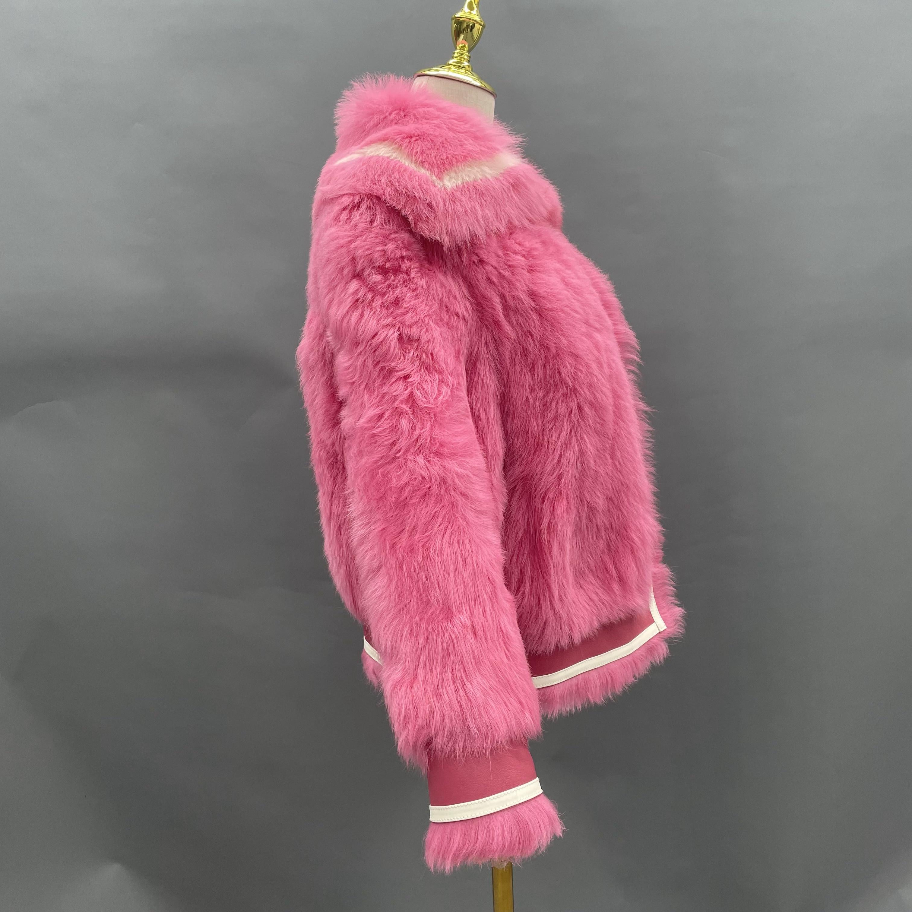 Women's Pink Shearling Jacket with Nautical Oversized Collar & Contrast Trim - Trendy Winter Outerwear